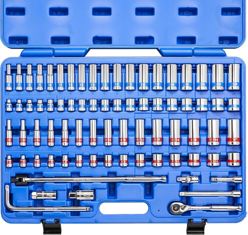 Neiko 02472A 3/8-Inch-Drive Colored Mechanics Tool Ratchet, Socket Set, 76-Piece Standard and Deep SAE Sizes 1/4' to 1' Metric Sizes 6 mm to 24 mm Made with CrV Steel for Auto Repair