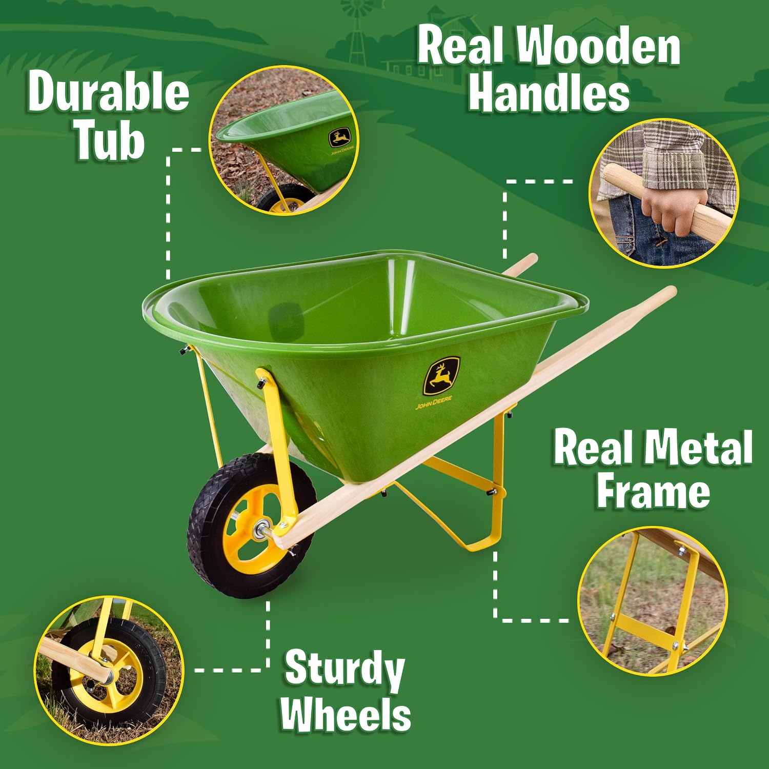 John Deere Deluxe 34' Wheelbarrow and Garden Set Includes 5 Realistic Gardening Tools,Gardening Apron, Gardening Gloves, Large Metal Wheelbarrow with Wooden Handles, Outdoor Toy Ages 5+