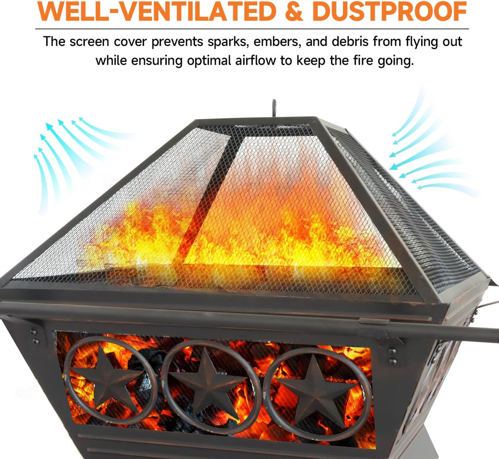 33-Inch Square Fire Pit, Large Metal Fireplace/Firepit with Mesh Lid, Poker, Waterproof Cover
