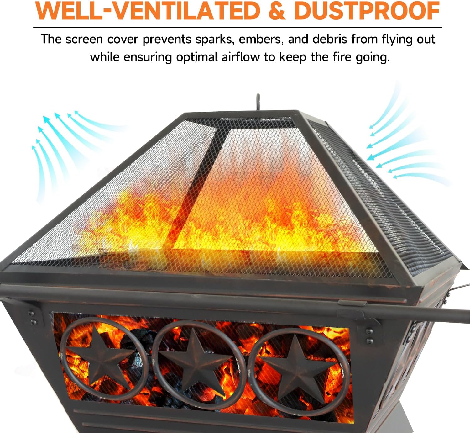 33-Inch Square Fire Pit, Large Metal Fireplace/Firepit with Mesh Lid, Poker, Waterproof Cover