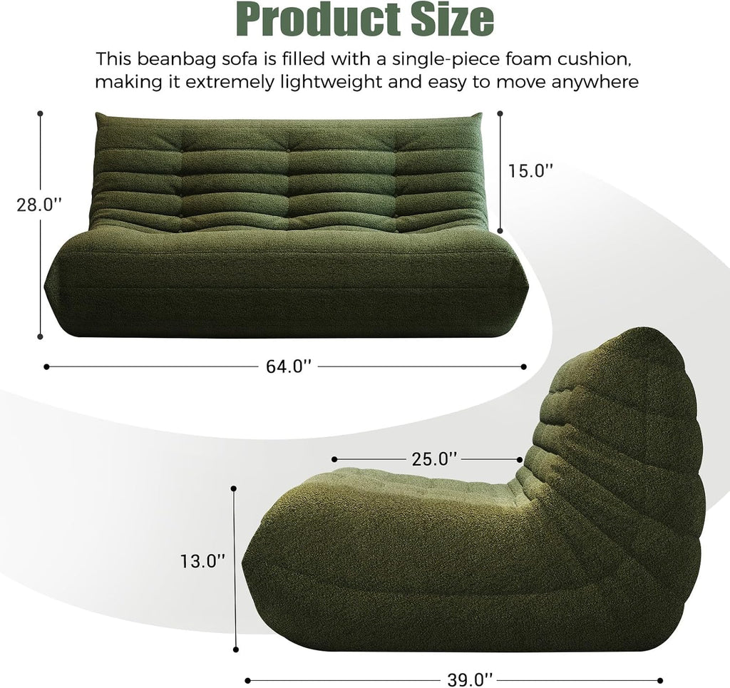 3 Seat Oversized Bean Bag Chairs for Adults, Memory Foam Fireside Beanbag Couch, Comfy Bean Bag Lounger Lazy Sofa for Living Room, Bedroom, Playroom, Green