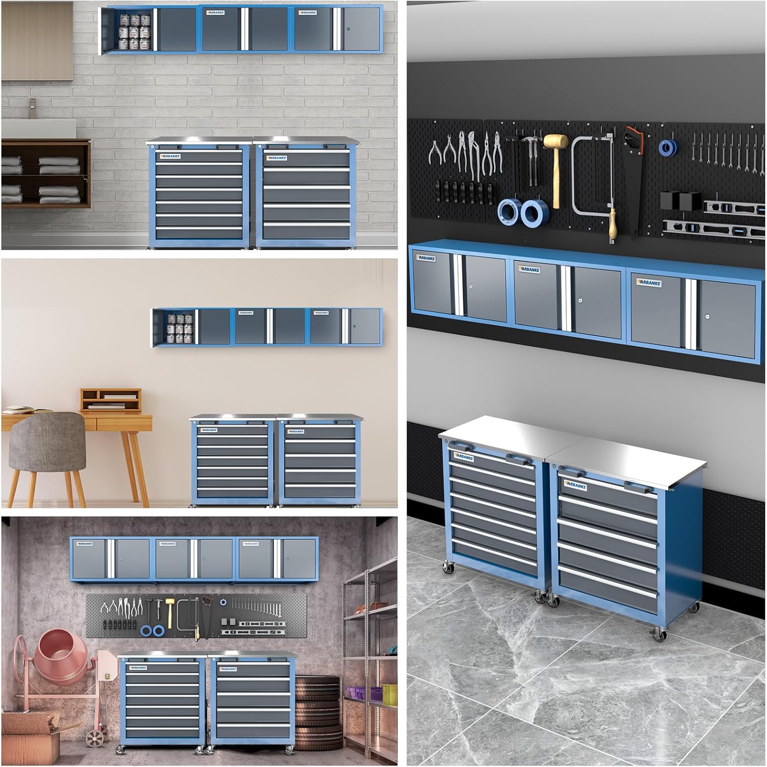 LARBANKE Metal Storage Cabinet System with Lock and Keys,Storage Cabinet System with 3 Wall Cabinet,One 5-Drawer Tool Chest and One 7-Drawer Tool Chest,Universal Brake Wheel &Padded Feet Attached