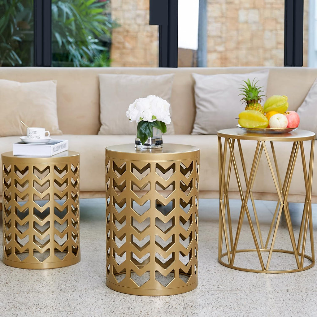Y&M Set of 3 Gold End Tables, Nesting Metal Round Coffee Table, Heavy Duty Metal Plant Stand Garden Stool, Outdoor Multifunctional Use