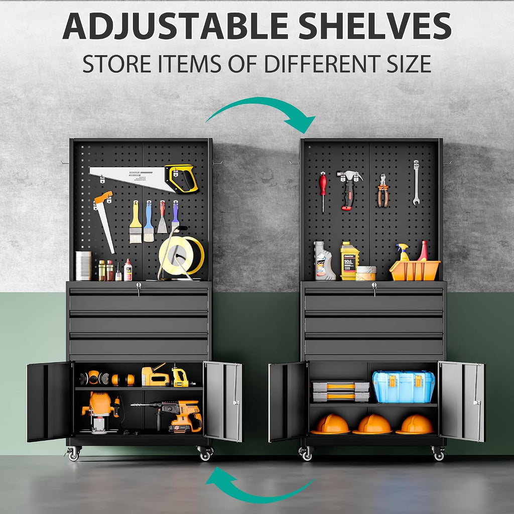 SISESOL Metal Storage Cabinet with Wheels and Drawers,Rolling Garage Storage Cabinet with Lock,Black Metal Tool Cabinet with Hooks,Tall Tool Cabinet on Wheels for Garage,Home,Office,Shop