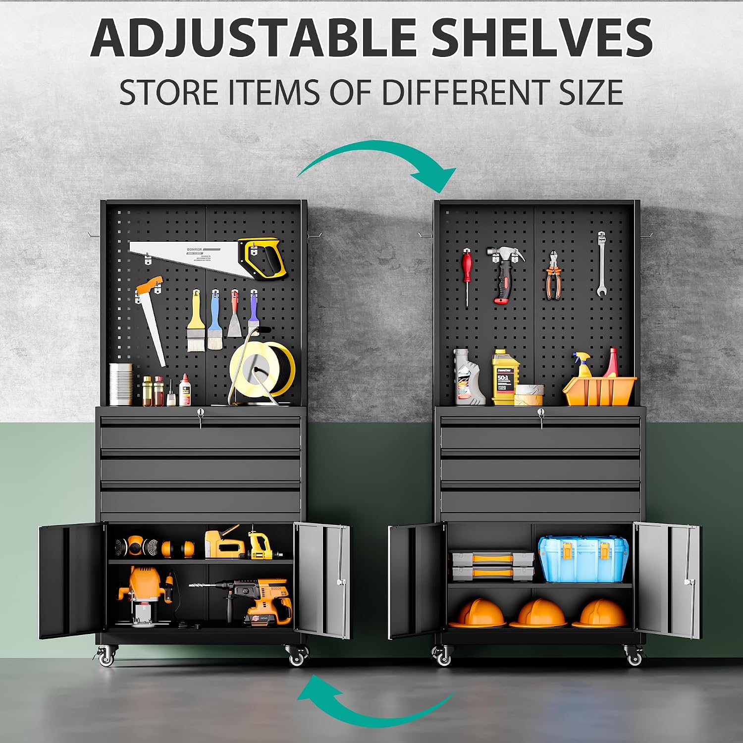 SISESOL Metal Storage Cabinet with Wheels and Drawers,Rolling Garage Storage Cabinet with Lock,Black Metal Tool Cabinet with Hooks,Tall Tool Cabinet on Wheels for Garage,Home,Office,Shop