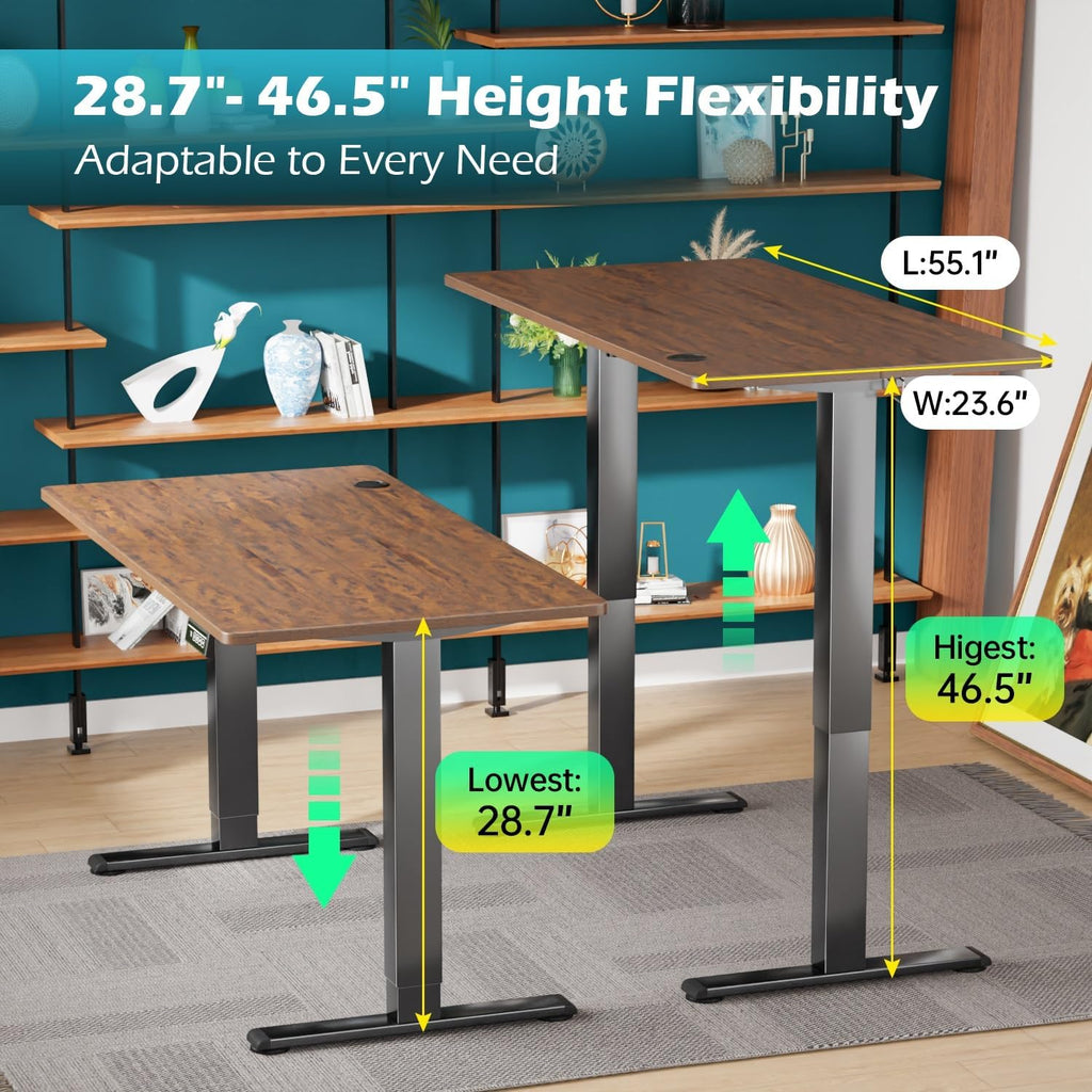 PayLessHere 55 Inch Electric Standing Desk Sit Stand up Desk Home Office Desk with Large Space Headphone Holder 2 Memory Function for Home,Office,Meeting Room (Brown)