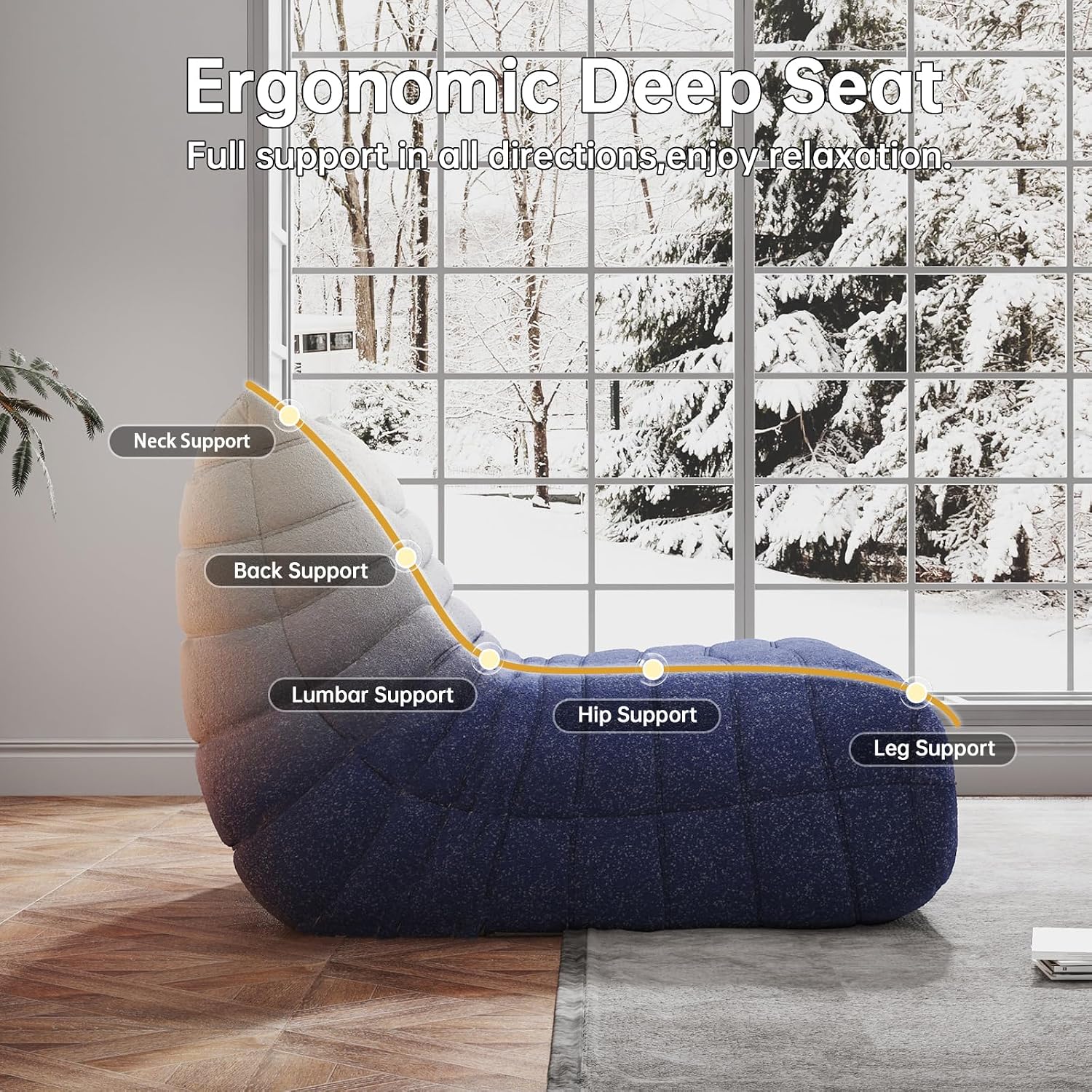 WHGBJA Memory Foam Bean Bag Chair for Adults, Teddy Material Beanbag Sofa with Filler, Cozy Floor Lounge Seat for Living Room, Bedroom, Dorm, Office (Blue White)