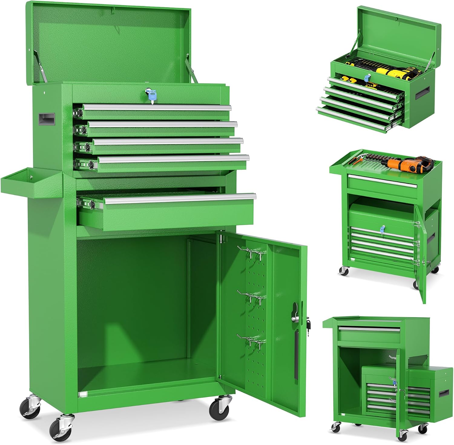 INTERGREAT Tool Chest Cabinet, 5-Drawer Rolling Tool Chest with Detachable Top Tool Box, Tool Chests with Universal Lockable Wheels, Metal Tool Cart for Garage, Workshop, Barbershop(Green)