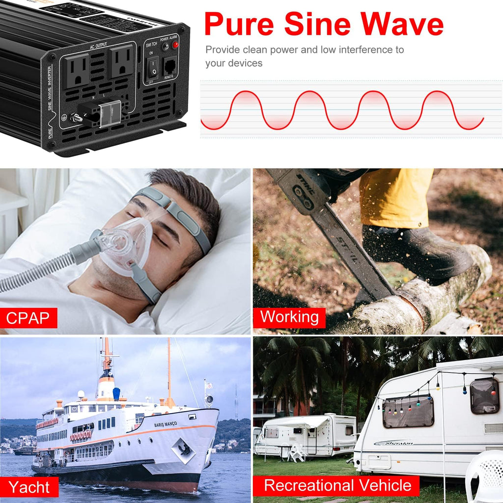 Xijia 2000W Pure Sine Wave Inverter，12V to 120V AC Converter for Home，Solar Systems，Remote and Bluetooth Control for Truck，Camping，with 2 AC Socket，Surge Power 4000W