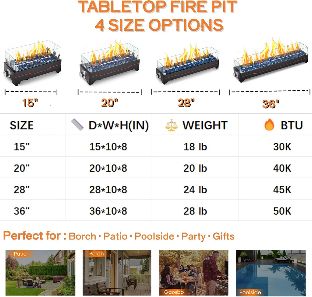 GRISUN Tabletop Fire Pit,20 Inch Propane Fire Pit Table,40000 BTU Table Top Firepit with Glass Wind Guard,Stainless Steel Burner,Fire Glass,Portable Propane fire Pit for Patio, Camping, Backyard & RV