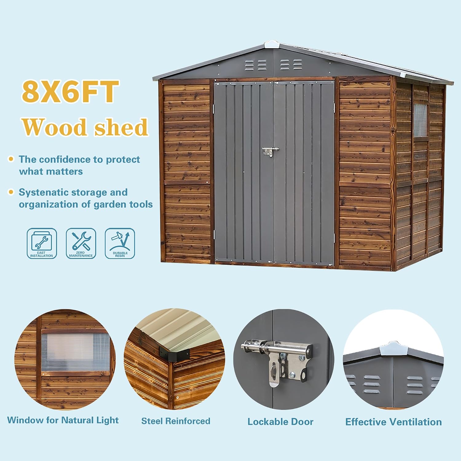 6x8 FT Outdoor Tool Shed, Wood-Iron Combination Storage Shed with Ventilation, Weather-Resistant Roof, Lockable Doors & Wood Grain Finish for Backyard and Garden