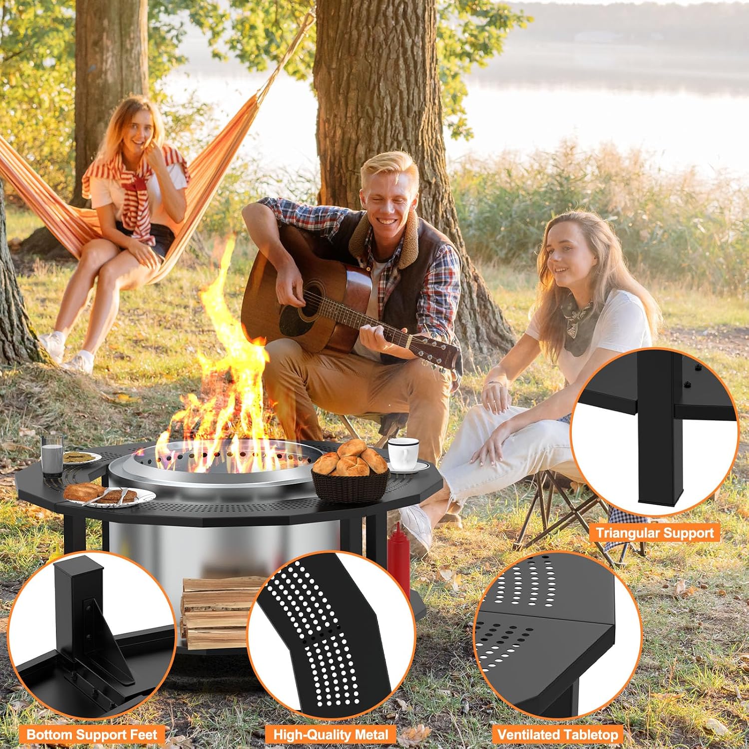 Fire Pit Surround Tabletop for Solo Stove Yukon, Bonfire, Tiki, Outdoor Smokeless Fire Pit Table for Wood Burning Fire Pits, Powder-Coated Steel Stove Table Surround with Cover for Solo Stove