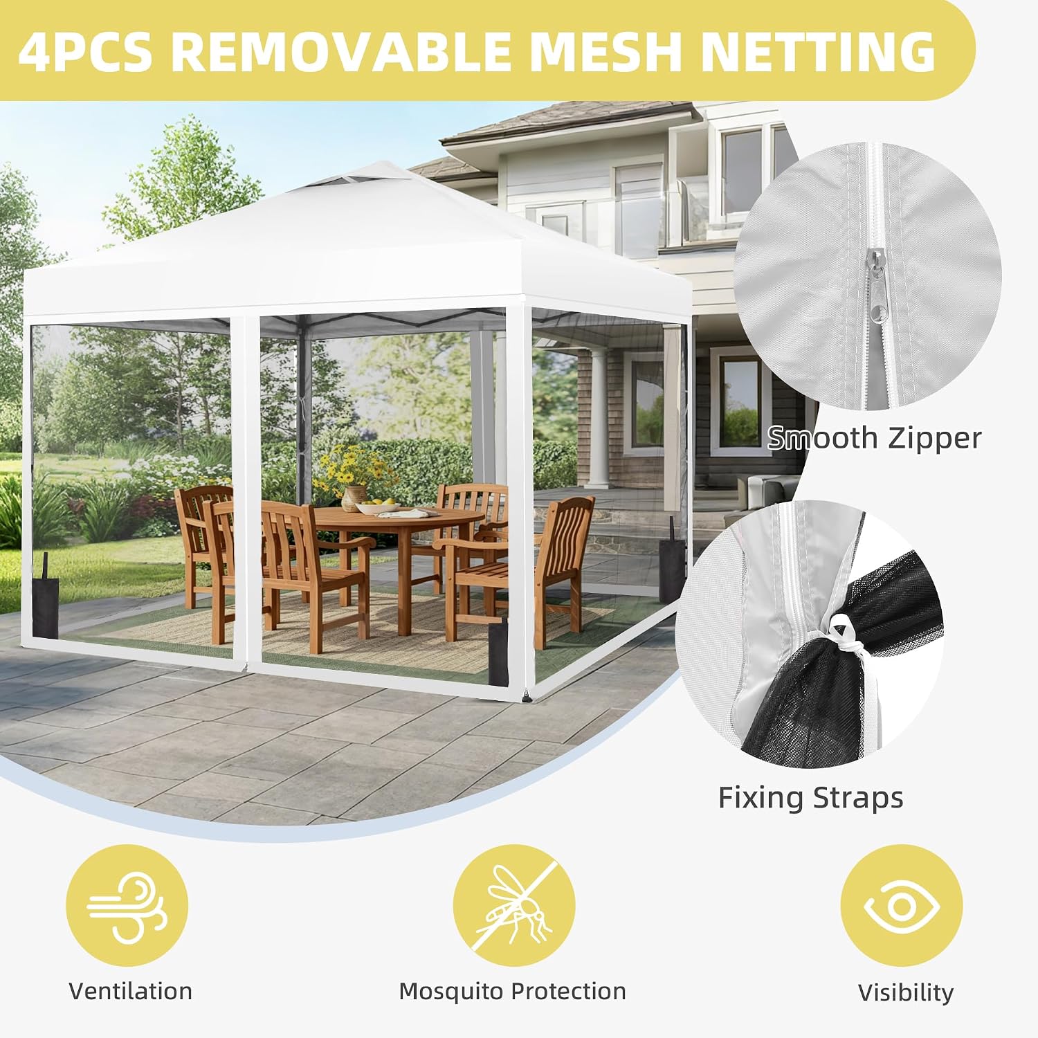 GDY 10x10 Pop up Canopy Tent with Mosquito Netting, Easy up Gazebo for Patio, Camping and Garden, Includes 4 Sandbags, White