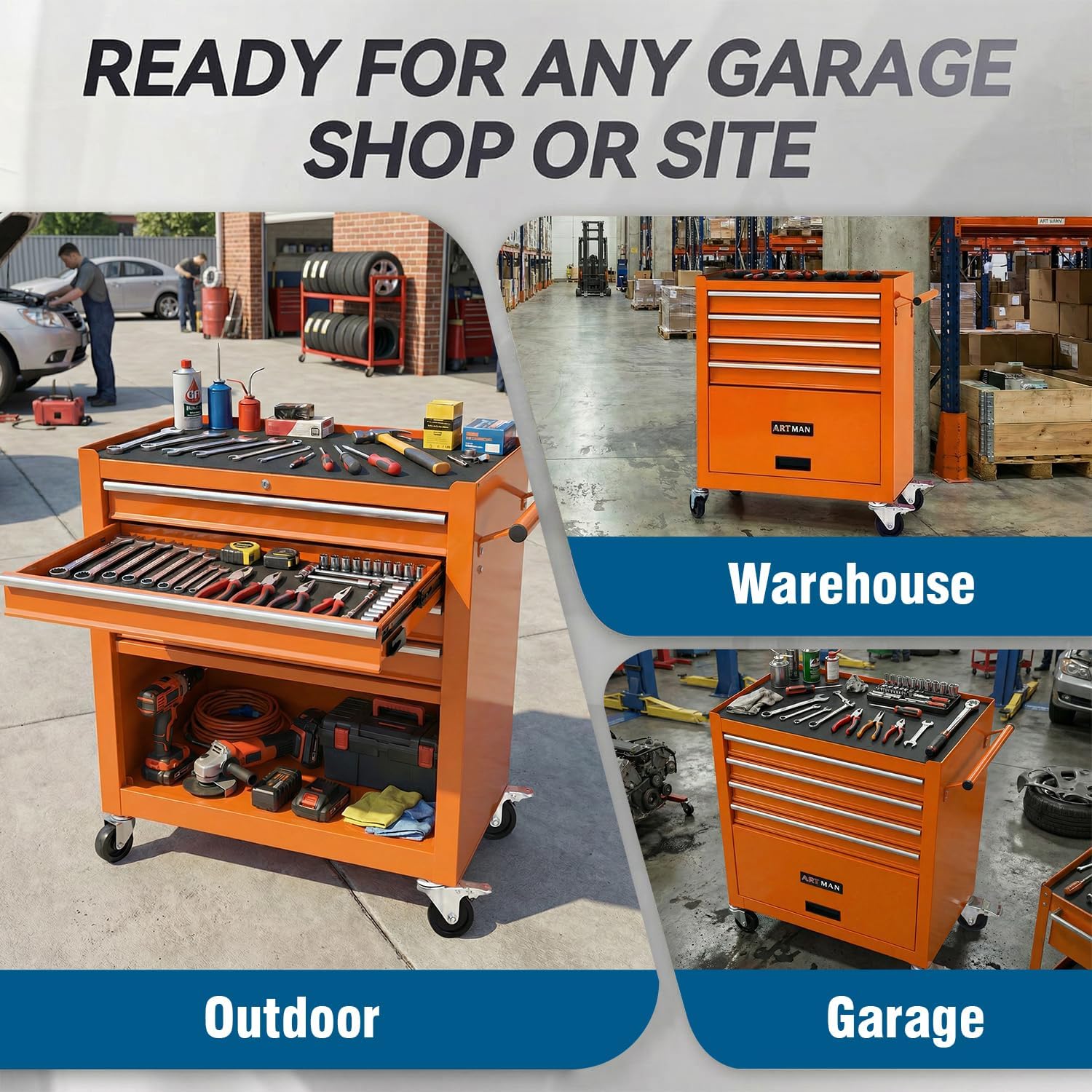 4 Drawers Tool Cart on Wheels, Rolling Tool Box Tool Storage, Drawers Rolling Tool Box Organizer Tool Case for Garage, Warehouse, Workshop, Repair Shop (4 Drawers-Orange)