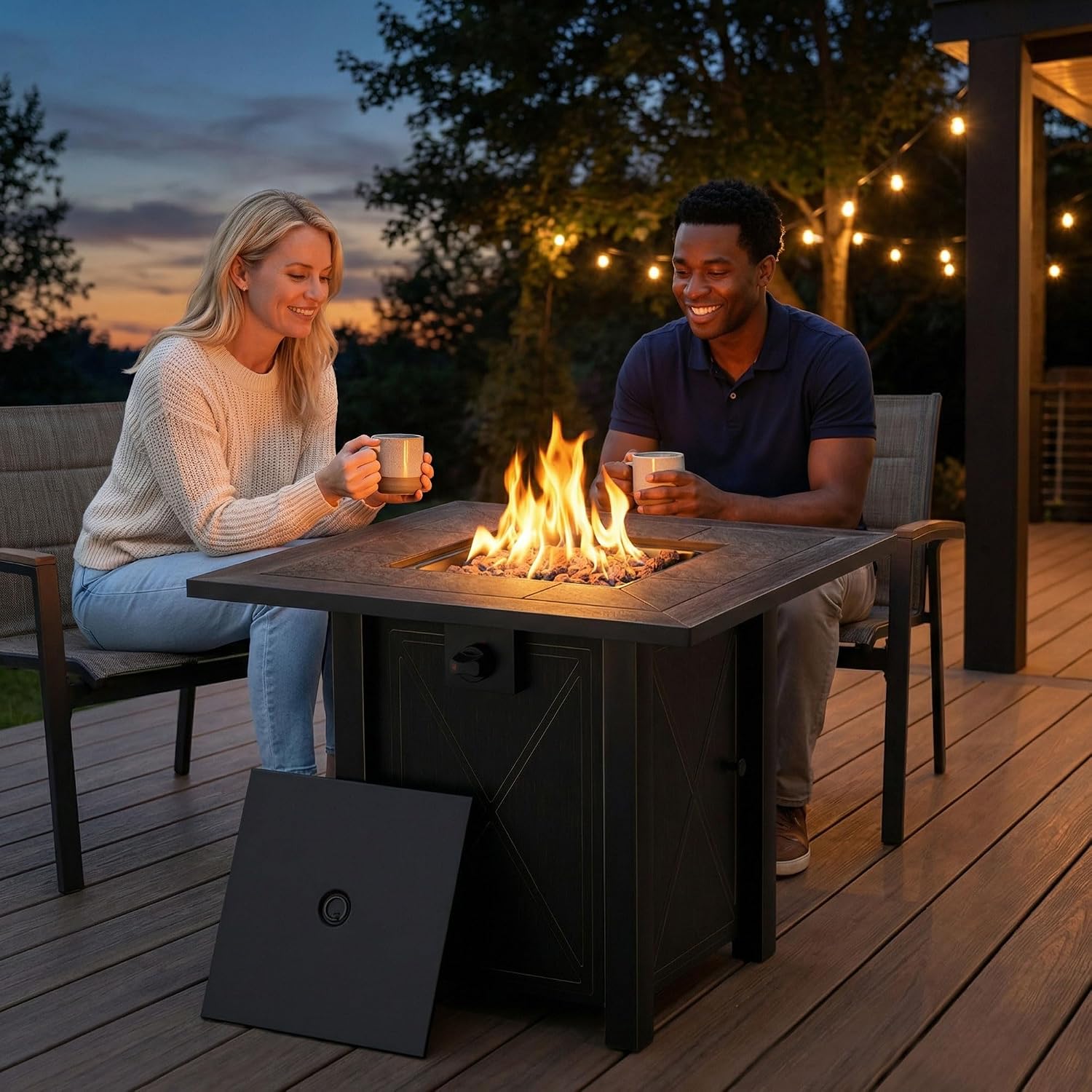 HOTEAGLE 30' Propane Fire Pit with Premium Ceramic Tabletop, 50000 BTU Powerful Gas Firepit Table - Includes Lid and Lava Rocks, Ideal Outdoor Fire Pit for Dining, Party in Patio, Garden, Yard