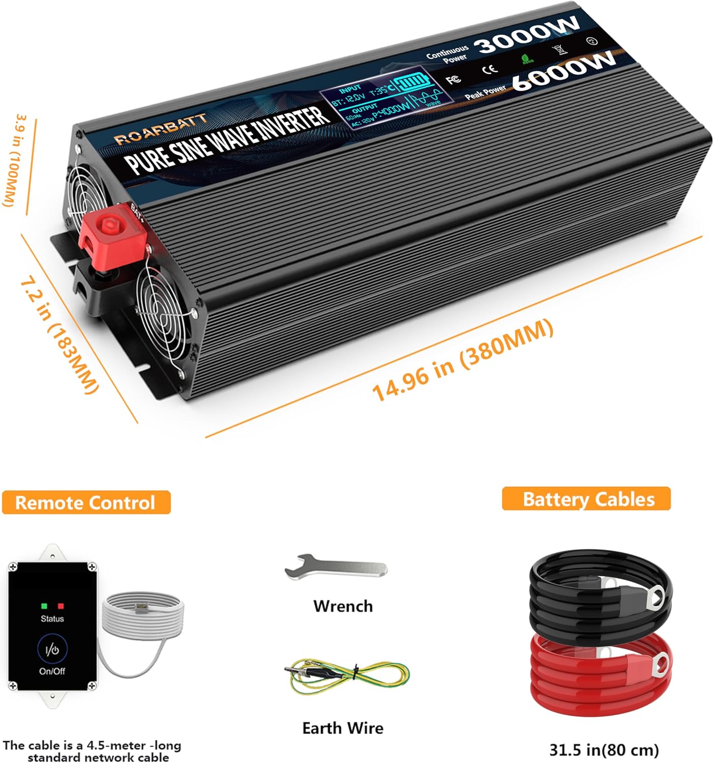 3000W Pure Sine Wave Power Inverter 12V DC to 110V/120V AC, 6000W Peak with Remote Control, 4 AC Outlets, Dual USB, LED Display, Heavy Duty Converter for RV, Truck, Solar System, Off-Grid & Emergency