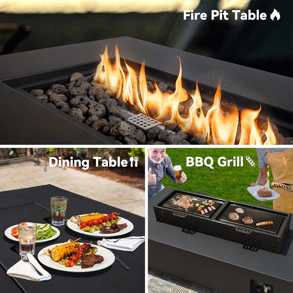 42 Inch Propane Fire Pit Table, 3-piece Outdoor Rectangular Fire Pit, 50,000BTU Firepits for Outside Patio with Hidden Tank Table, Griddle, Wind Guard, Lid, Black