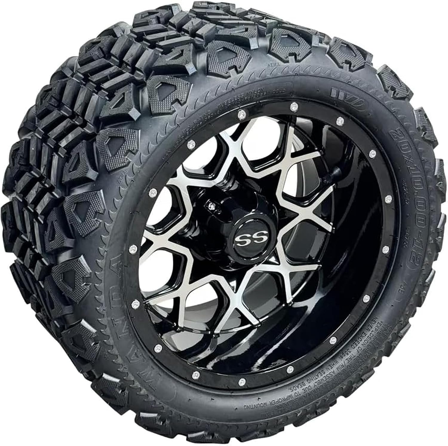 12 Inch Deep Dish Machined Golf Cart Wheels & Tires Set of 4, 20x10-12 All Terrain Tires, DOT Certified Golf Cart Wheels Compatible with EZGO, Club Car, YMH