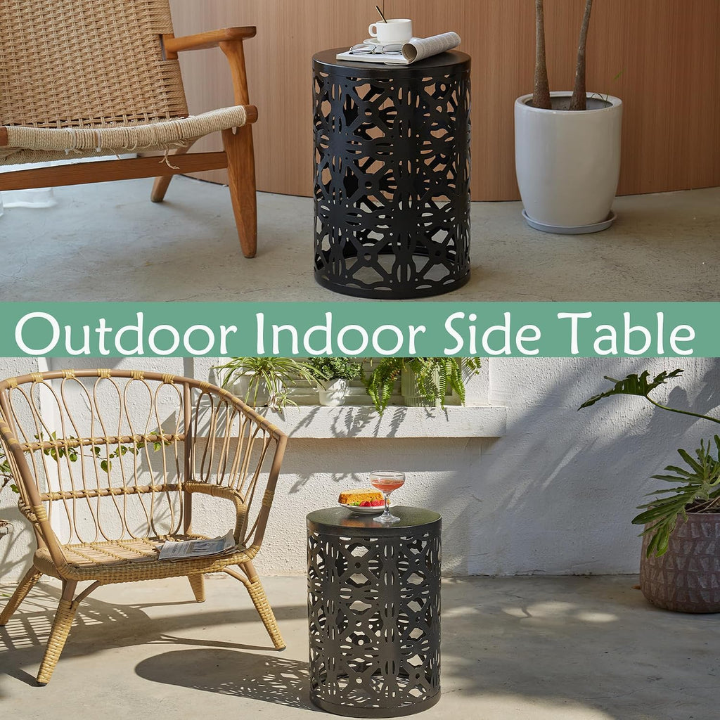 Y&M Set of 3 Garden Black Accent Decorative Stool, Nesting Metal Round Coffee Table, Black End Tables, Heavy Duty Meta Plant Stand Decorative Garden Stool, Outdoor Multifunctional Use