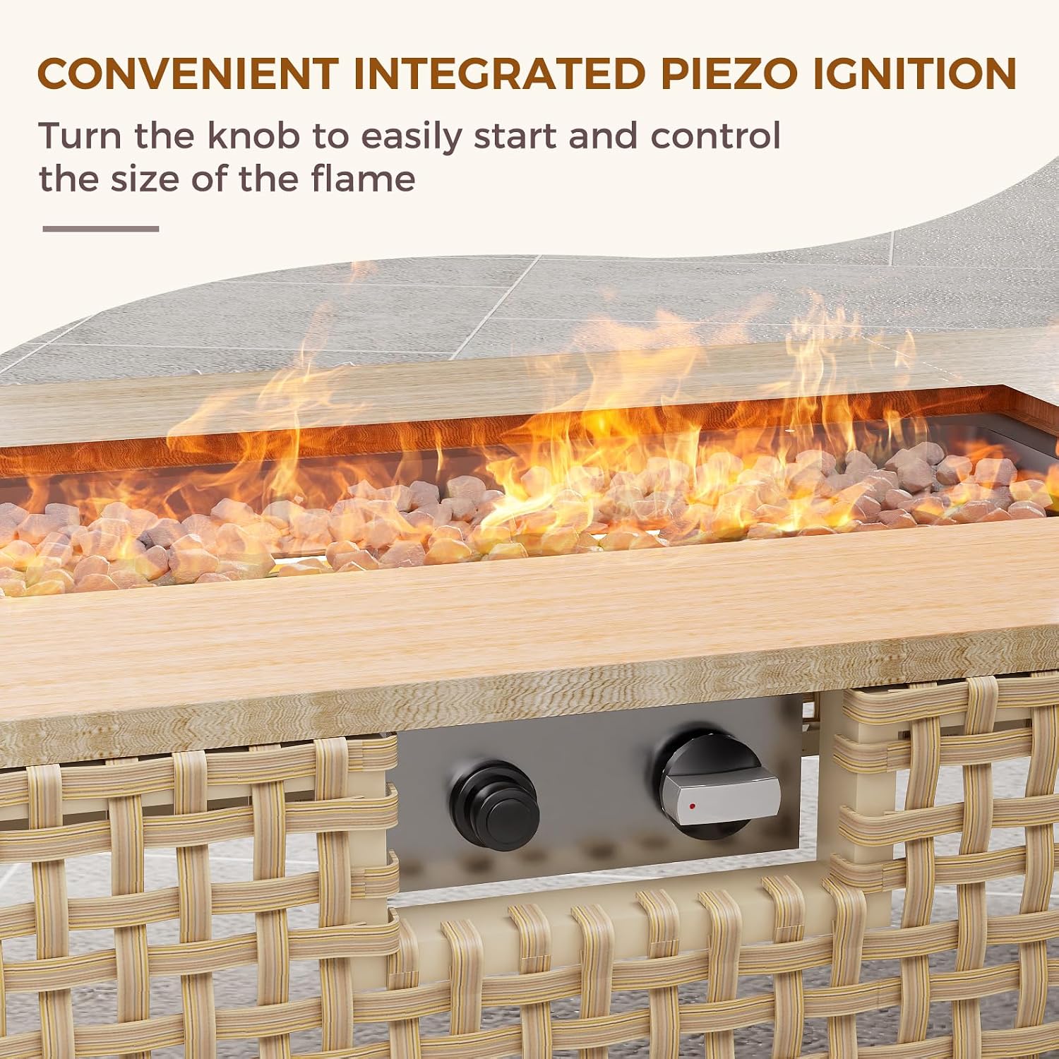 Grand patio 47inch Outdoor Wicker Propane Fire Pit 50,000 BTU Rectangle Gas Fire Pit Table with Propane Tank Storage Box, Woodgrain Tabletop, Lid, Lava Rock for Garden/Patio, CSA Certification