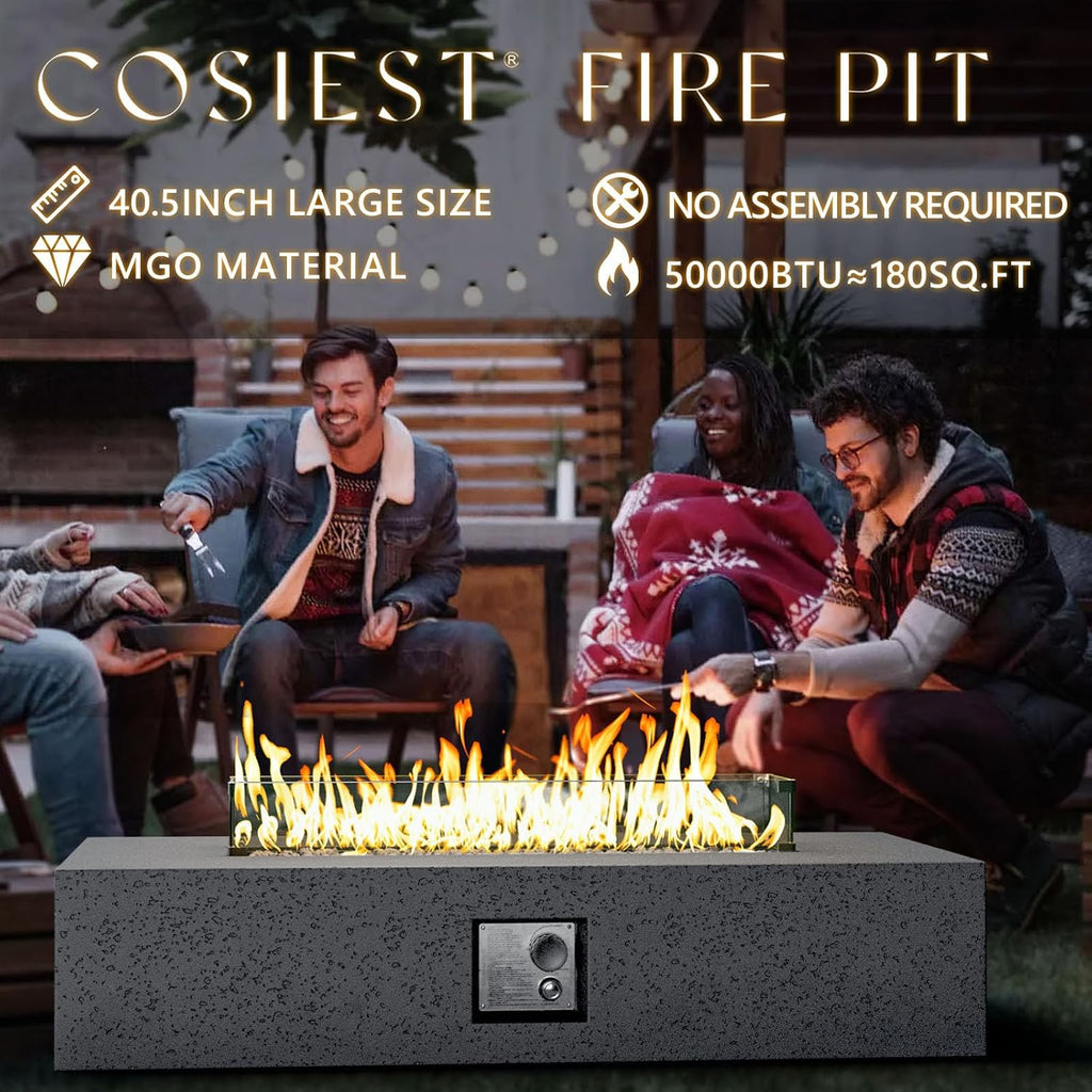 COSIEST 56 x 28 inch Outdoor Propane Fire Pit Coffee Table w Concrete Rectangle Base, Certified, 50,000 BTU, Free Lava Rocks and RainCover, Fits 20lb Tank Outside, Wind Guard, Tank Cover, Gray