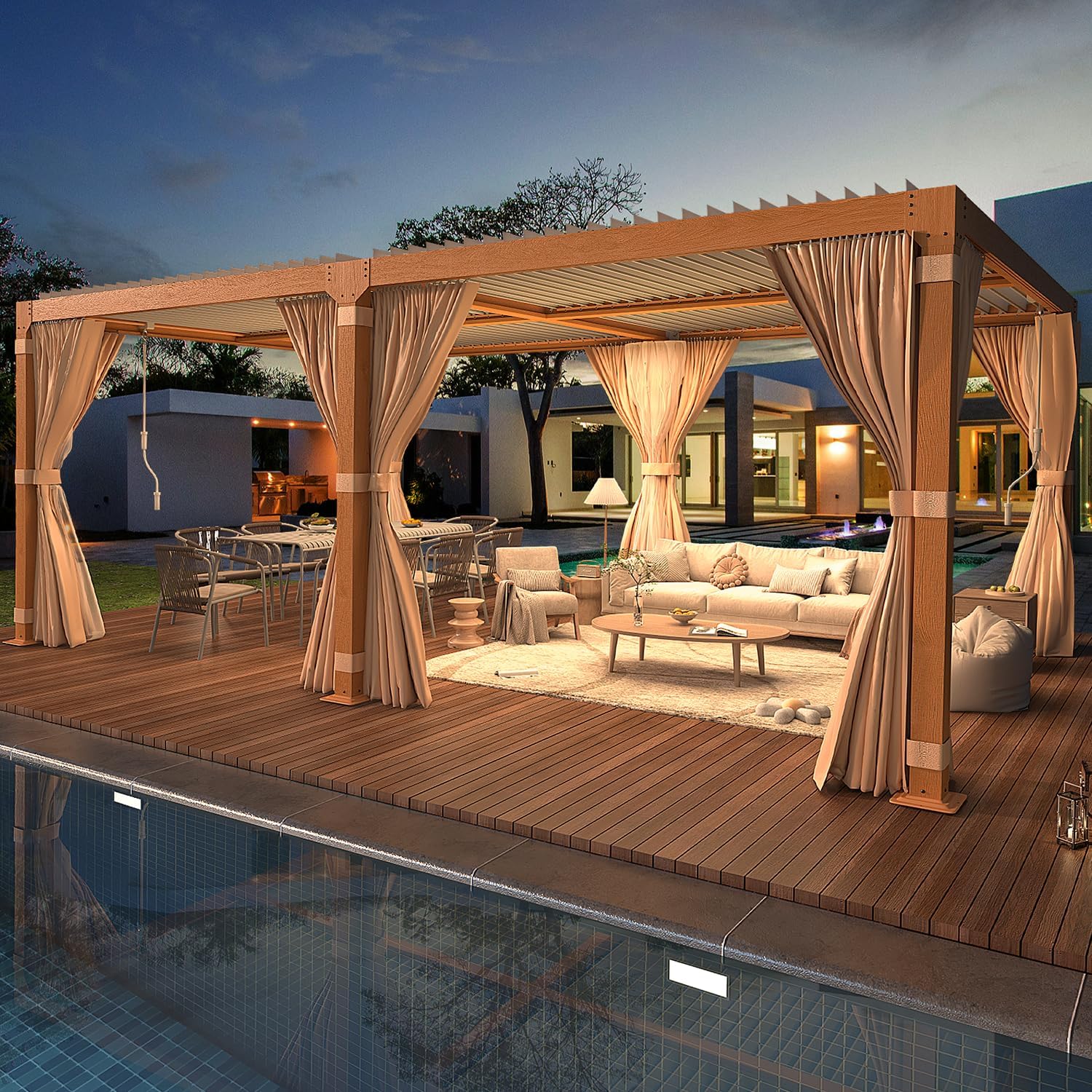 YOLENY Louvered Pergola 12x20, All Aluminum Pergola with Adjustable Rainproof Roof, Outdoor Pergola with Curtains and Nets for Patio & Garden, Woodgrain