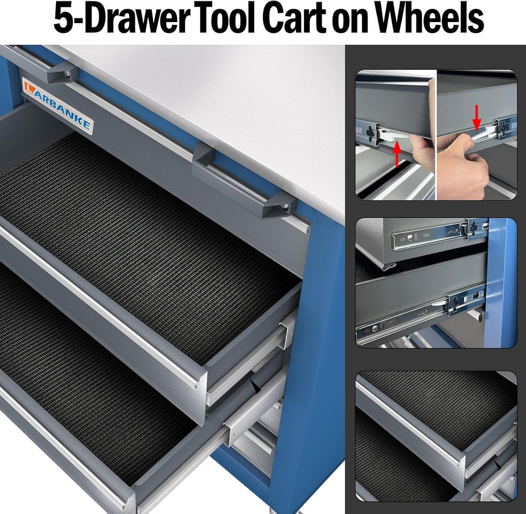 LARBANKE 5-Drawer Rolling Tool Chest,Locking Metal Tool Cabinet with Drawer Liners,Non-Slip Pearl Cotton Mat,360° Wheels for Easy Move,Can be Used in Combination with The Seven-Drawer Tool Cabinet