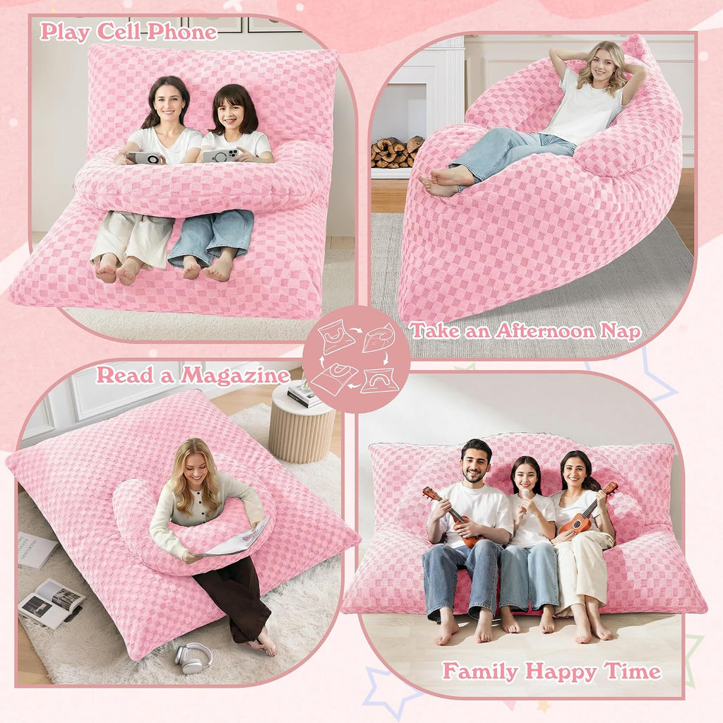 HABUTWAY 3 in 1 Bean Bag Chair with Portable U-Shaped Pillow, Giant Bean Bag with Washable Cover, Convertible Sofa Bed (Pink)