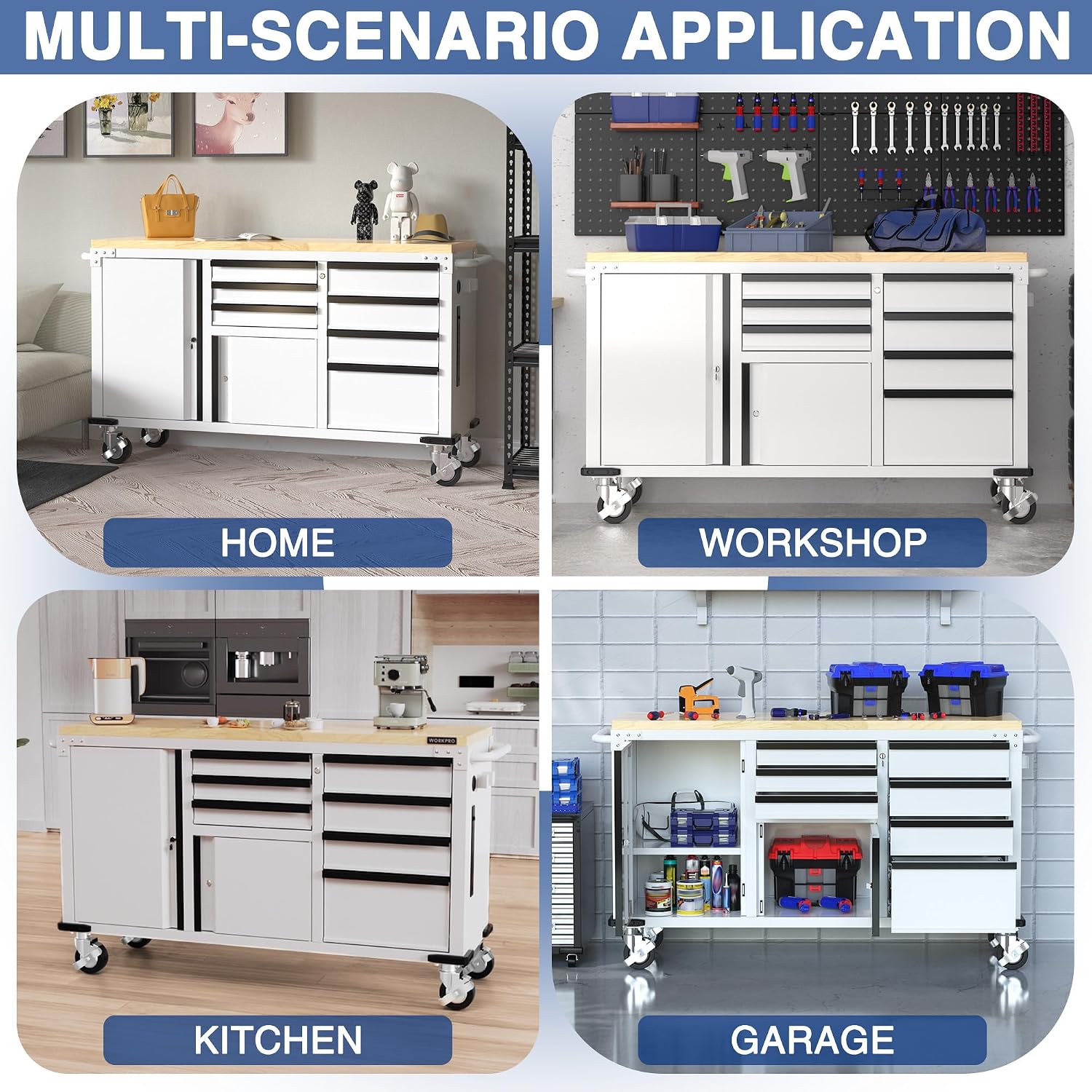 WORKPRO 62' Rolling Tool Chest, Heavy Duty Mobile Tool Storage Cabinet with 7-Drawer & 2-Door, Power Strip, Locking System, 1000 LBS Capacity Rolling Cabinet for Garage, Kitchen & Warehouse