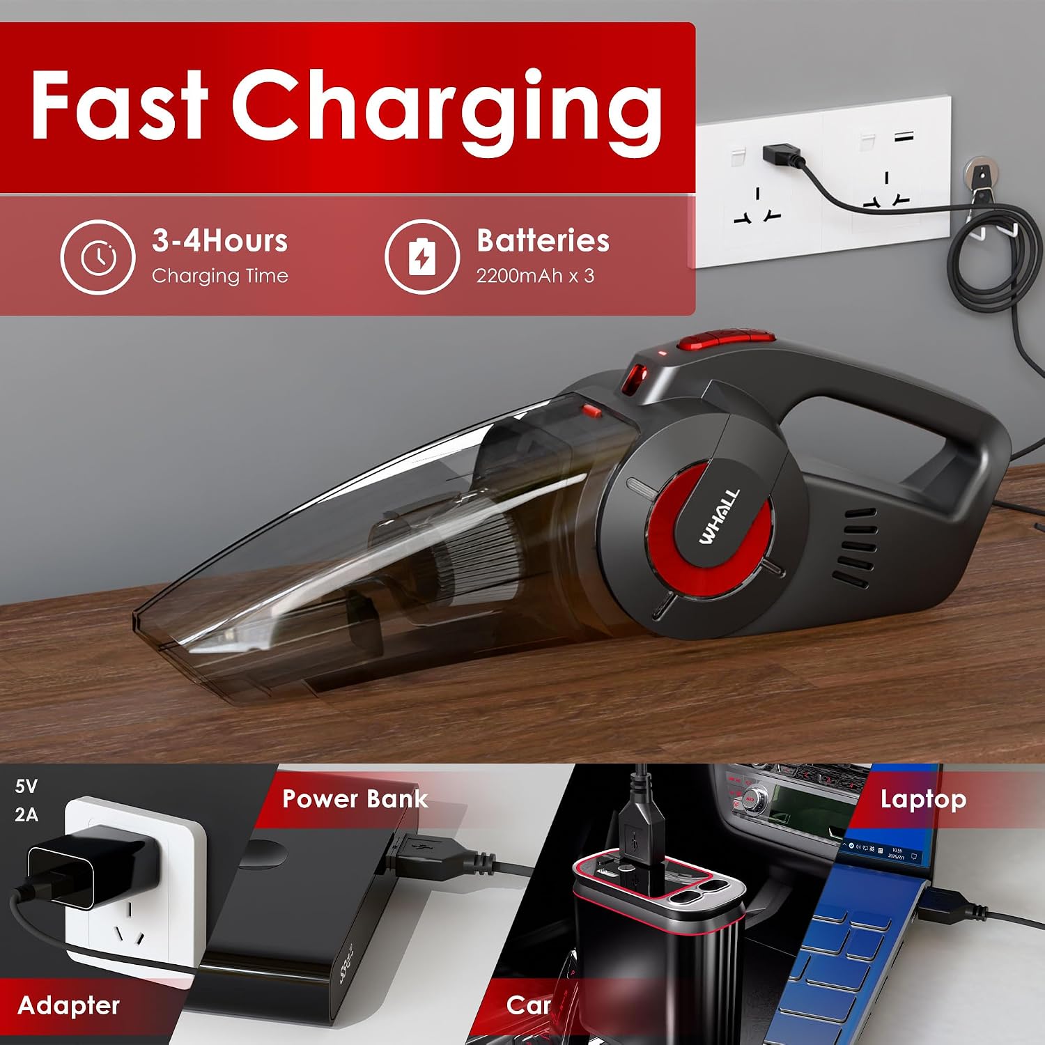 Whall Handheld Cordless Car Vacuums, Wet and Dry Use 9000Pa Strong Suction Vacuums, Rechargeable Portable Vacuum Cleaner with LED, Charging Dock, Lightweight Mini Vacuum for Car, Home and Office,Red