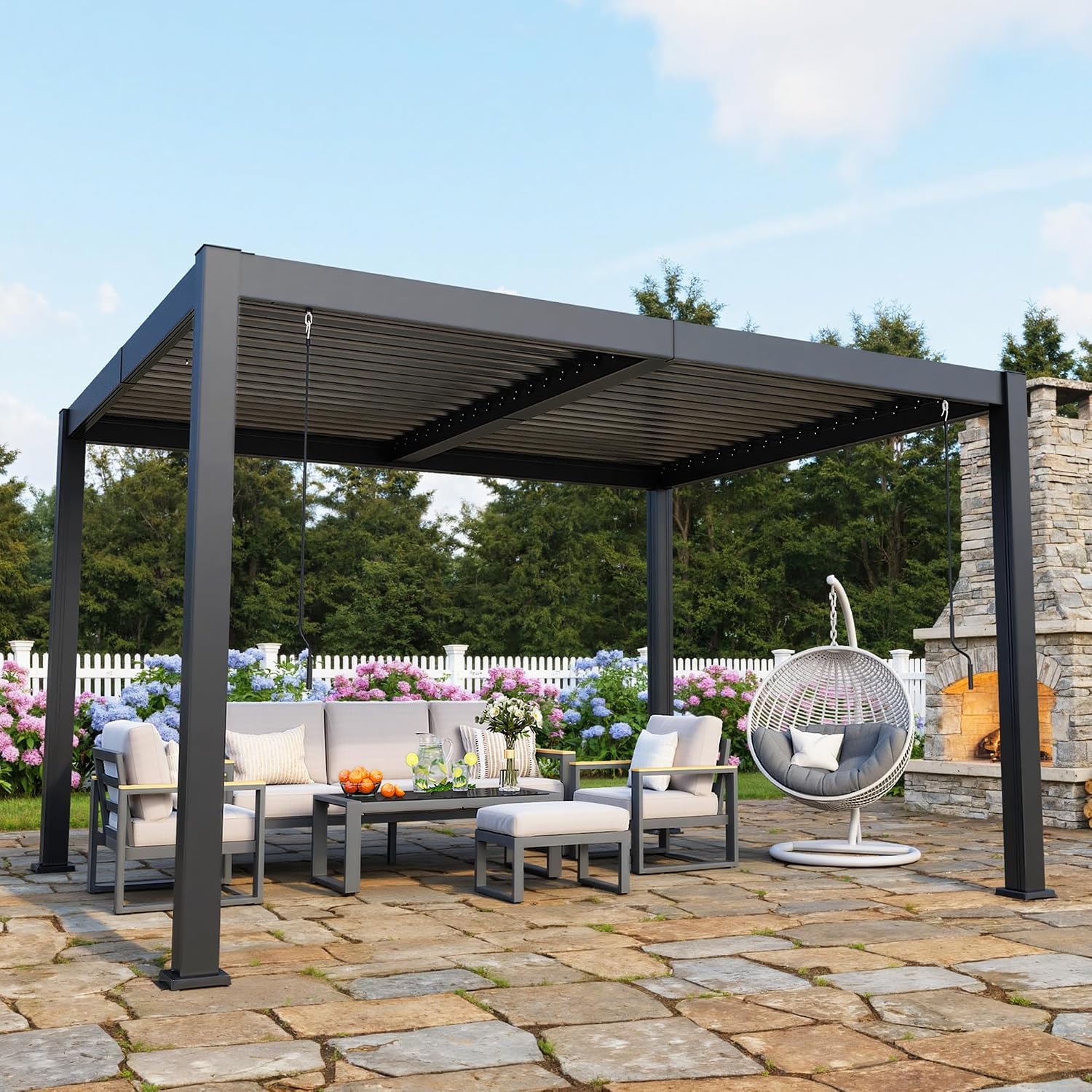 10' x 12' Louvered Pergola, Outdoor Pergola with Metal Adjustable Louvered Roof & Gutter System, Hardtop Patio Gazebo for Backyard, Patio, Garden, Dark Gray