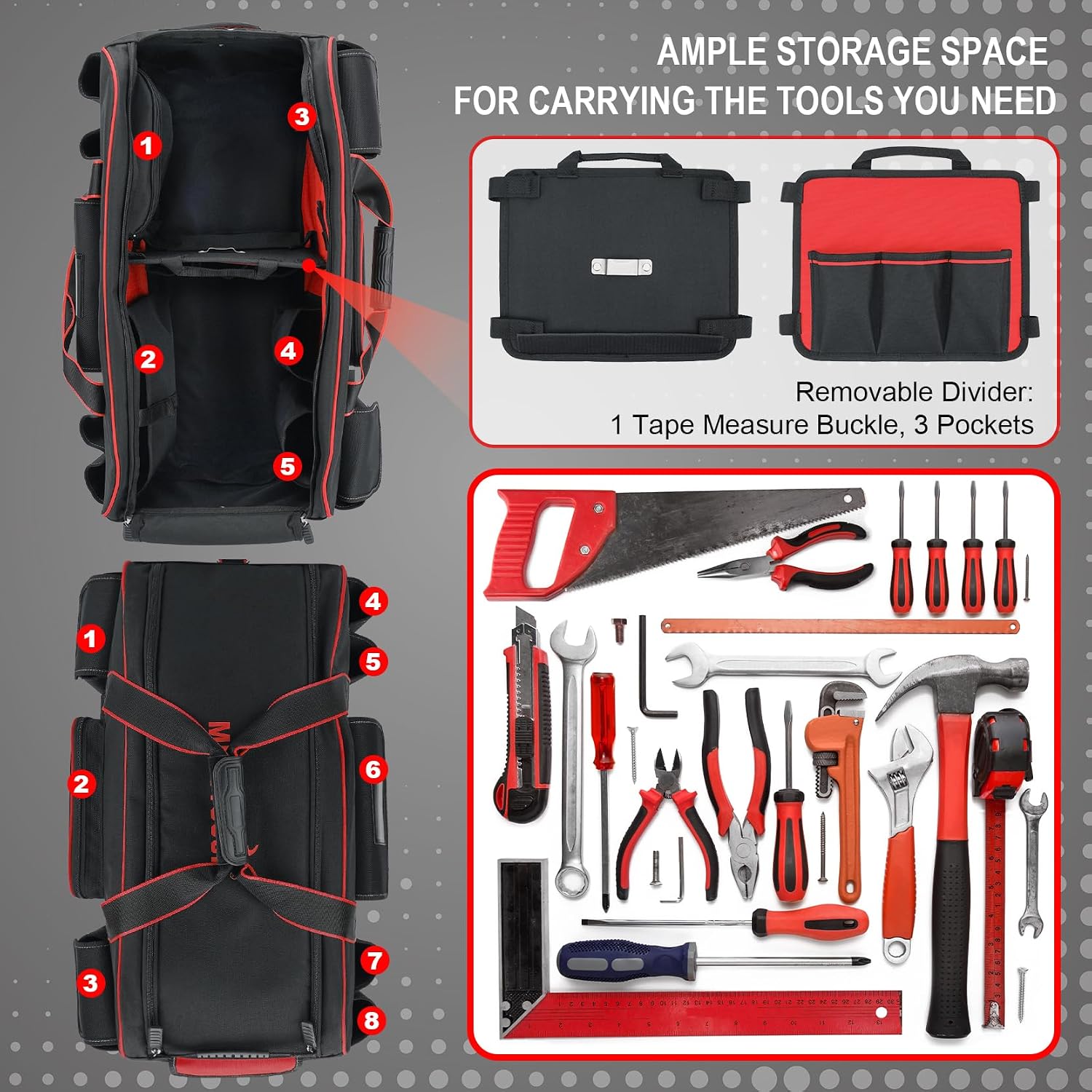MELOTOUGH Rolling Tool Bag with Wheels,Large Capacity Tool Bag Organizer with Concealed Telescoping Handle for Electrician,Construction,HVAC,Technician (Red/Black)