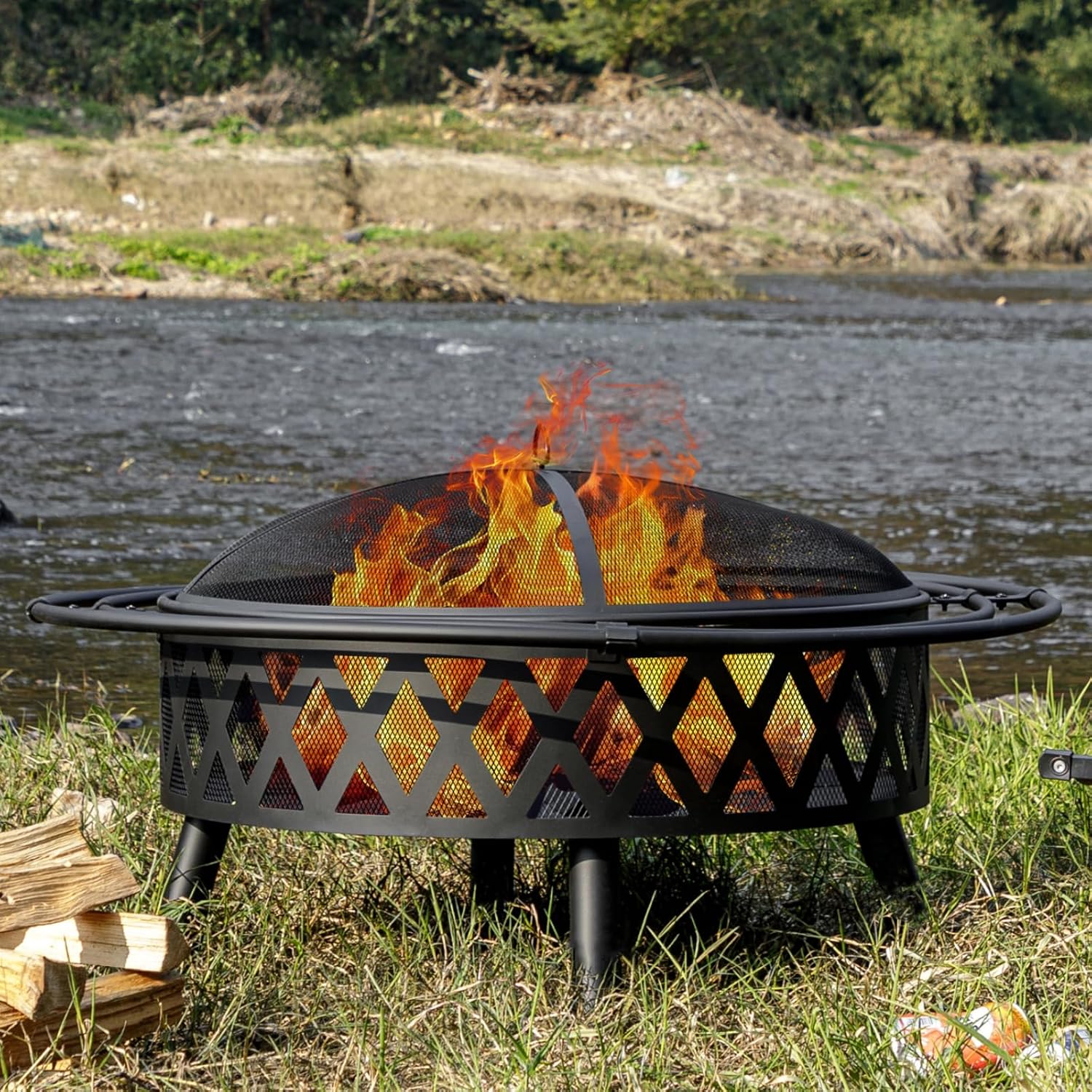 EcoNook 42 Inch Wood Burning Fire Pit with 2 Loops, Outdoor Fire Pit with Spark Screen & Fire Poker, Cross Weave Firepit for Outside Fireplace Bonfire for Yard,Patio, Garden