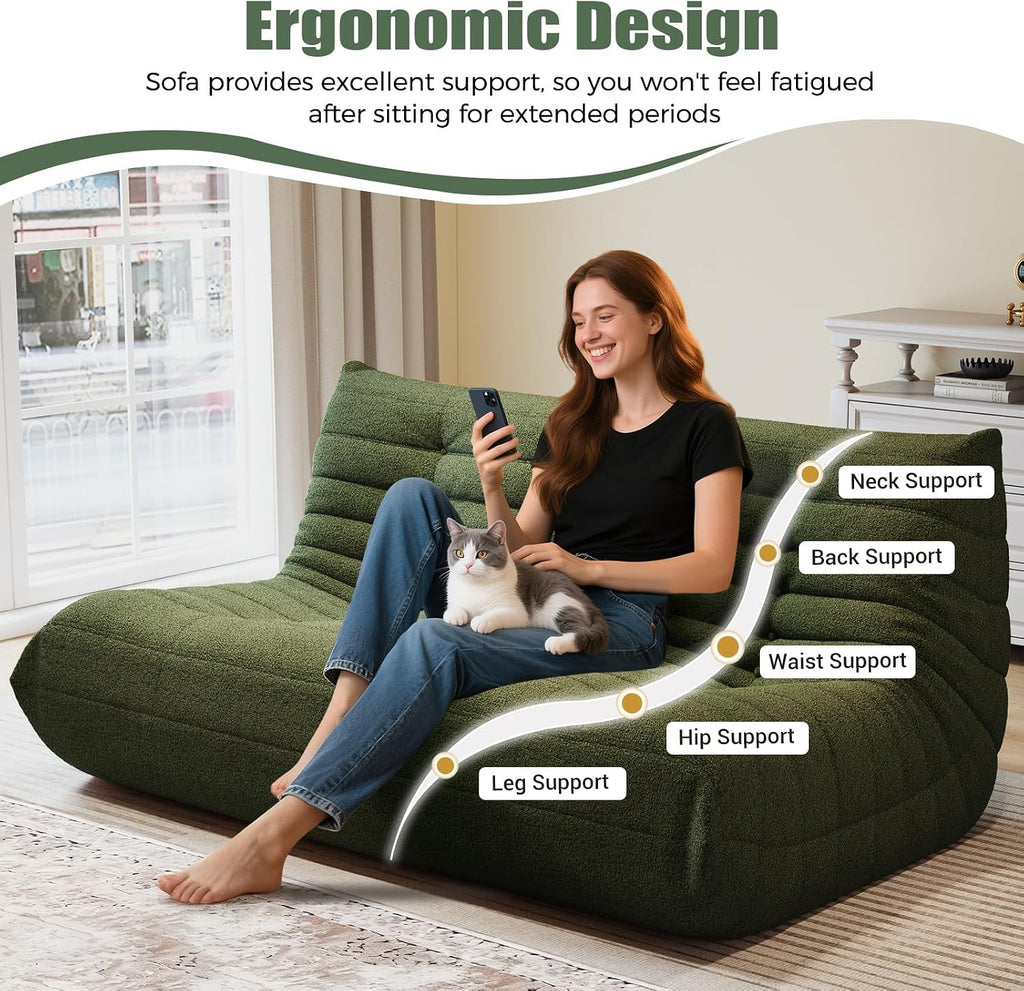 3 Seat Oversized Bean Bag Chairs for Adults, Memory Foam Fireside Beanbag Couch, Comfy Bean Bag Lounger Lazy Sofa for Living Room, Bedroom, Playroom, Green