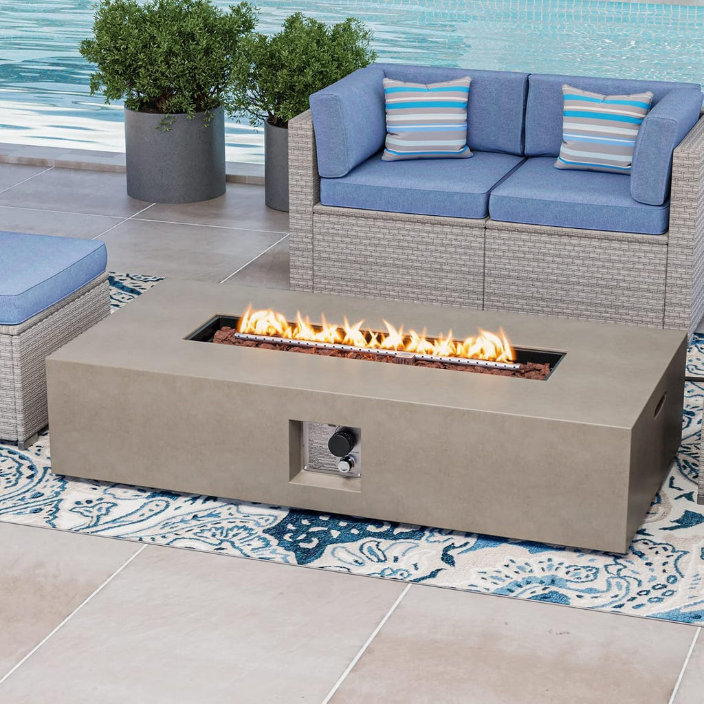 COSIEST 56-inch x 28-inch Outdoor Propane Fire Pit Coffee Table w Concrete Rectangle Base, Certified, 50,000 BTU, Free Lava Rocks and RainCover, Fits 20lb Tank Outside(Gray)