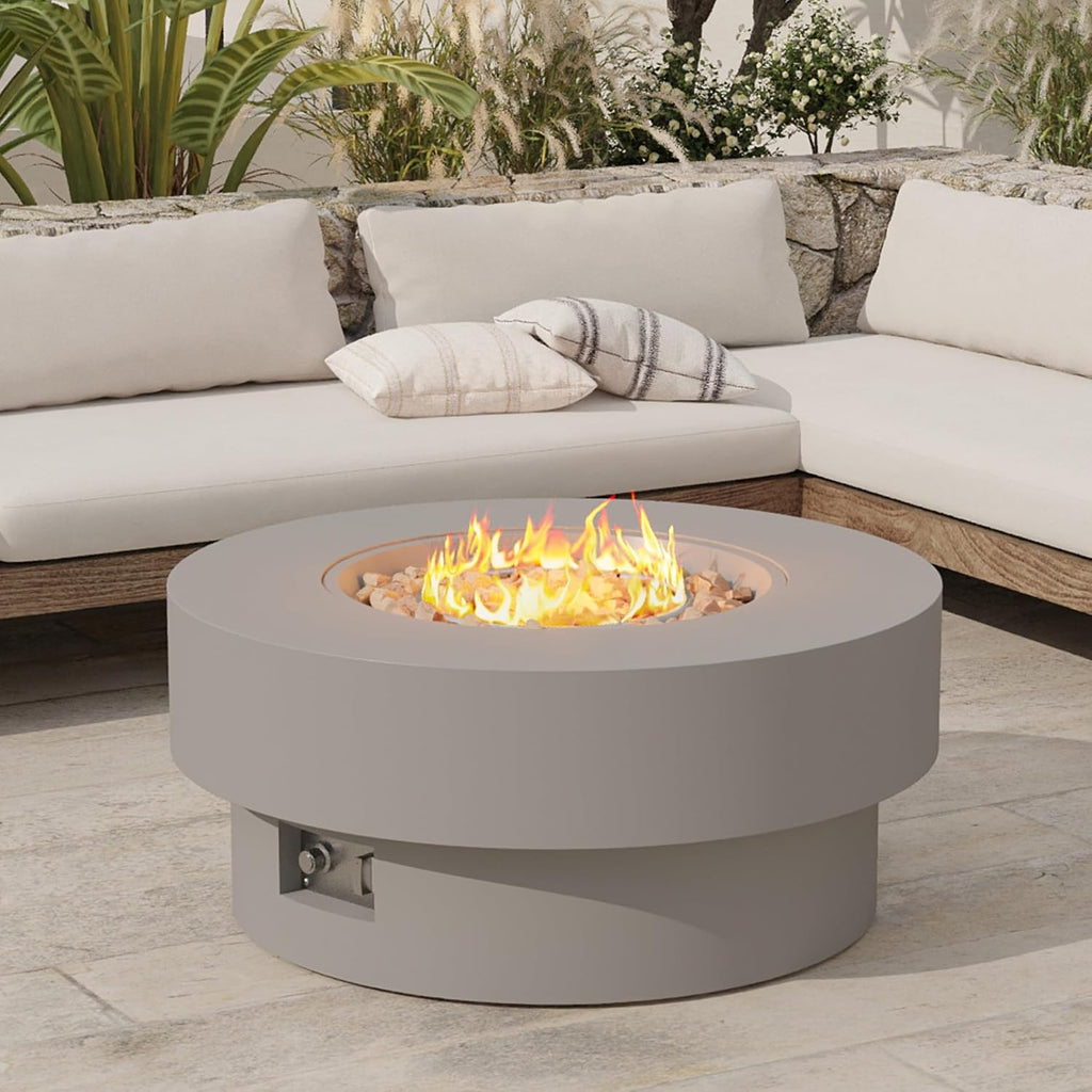 32.5 inch Outdoor Propane Fire Pit Table, 50000 BTU Round Patio Fire Pit Table with Lid, Waterproof Cover, 10ft Gas Hose & Gas Tank Base, Lava Rocks, CSA Certified, Grey