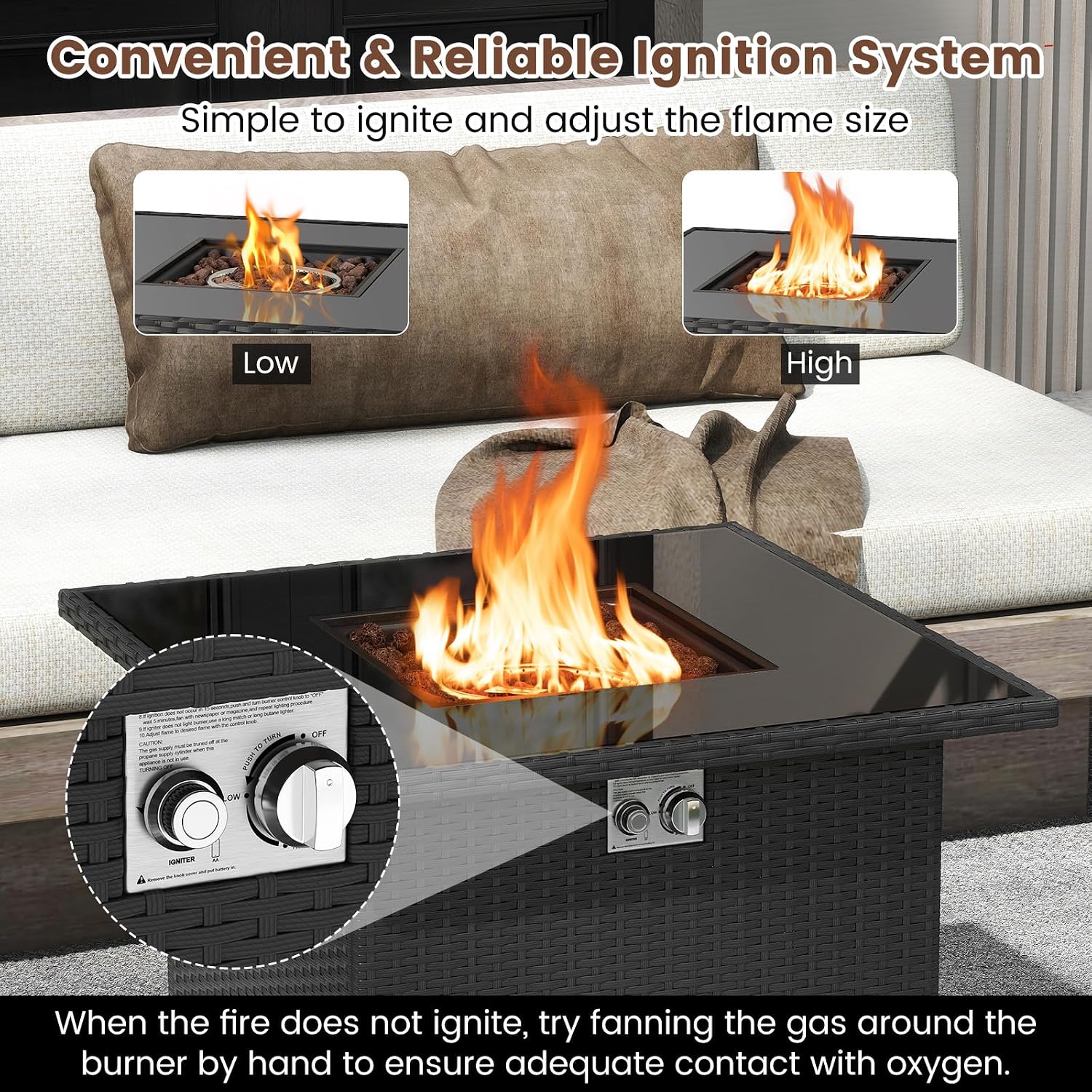Tangkula 32.5 Inch Propane Fire Pit Table, Outdoor Rattan Gas Firepit with Tempered Glass Tabletop & Stainless Steel Burner, Square Fire Pit with Lava Rocks & Protective Cover for Outside Patio