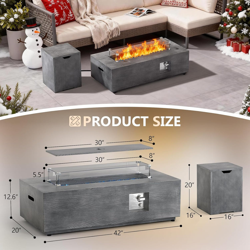 Dineli 2-Piece Outdoor Propane Fire Pit Table Set w Tank Table 42'' Rectangular Firepit with 50,000 BTU Output Gas Fire Pits for Outside Patio Fire Table Tabletop Fire Pits, Gray - Wood Grain