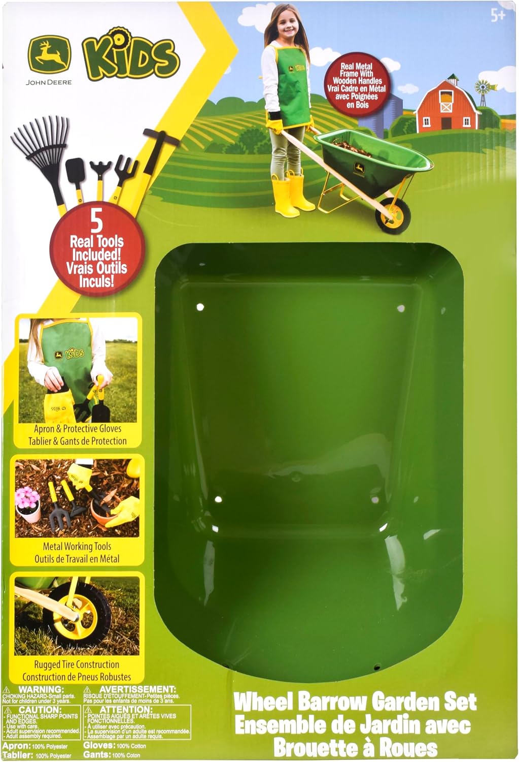 John Deere Deluxe 34' Wheelbarrow and Garden Set Includes 5 Realistic Gardening Tools,Gardening Apron, Gardening Gloves, Large Metal Wheelbarrow with Wooden Handles, Outdoor Toy Ages 5+