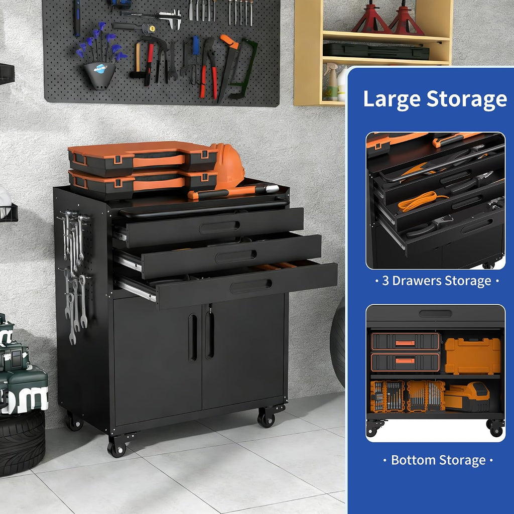 RYH 29.5' W Rolling Tool Cabinet Metal Garage Storage Cabinet on Wheels, Locking Rolling Tool Chest for Workshop, Heavy Duty Tool Cart with Drawers (Black+, 3 Drawers 2Door34.4 H ×29.5' W)