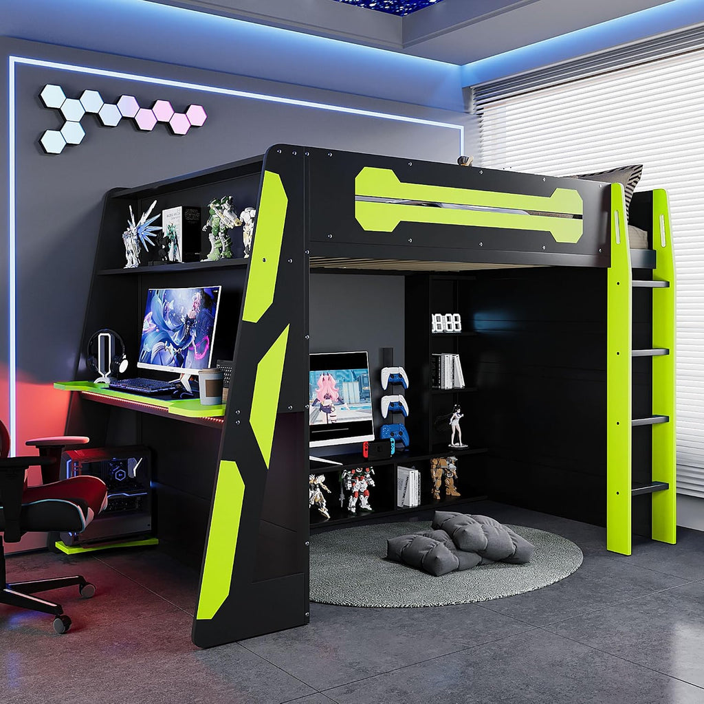 LUMISOL Full Size Gaming Loft Bed with Desk, Multi-Storage Shelves, RGB LED Lights & Built-in Charging Stations for Teens & Adults, Heavy Duty Support, Green Black