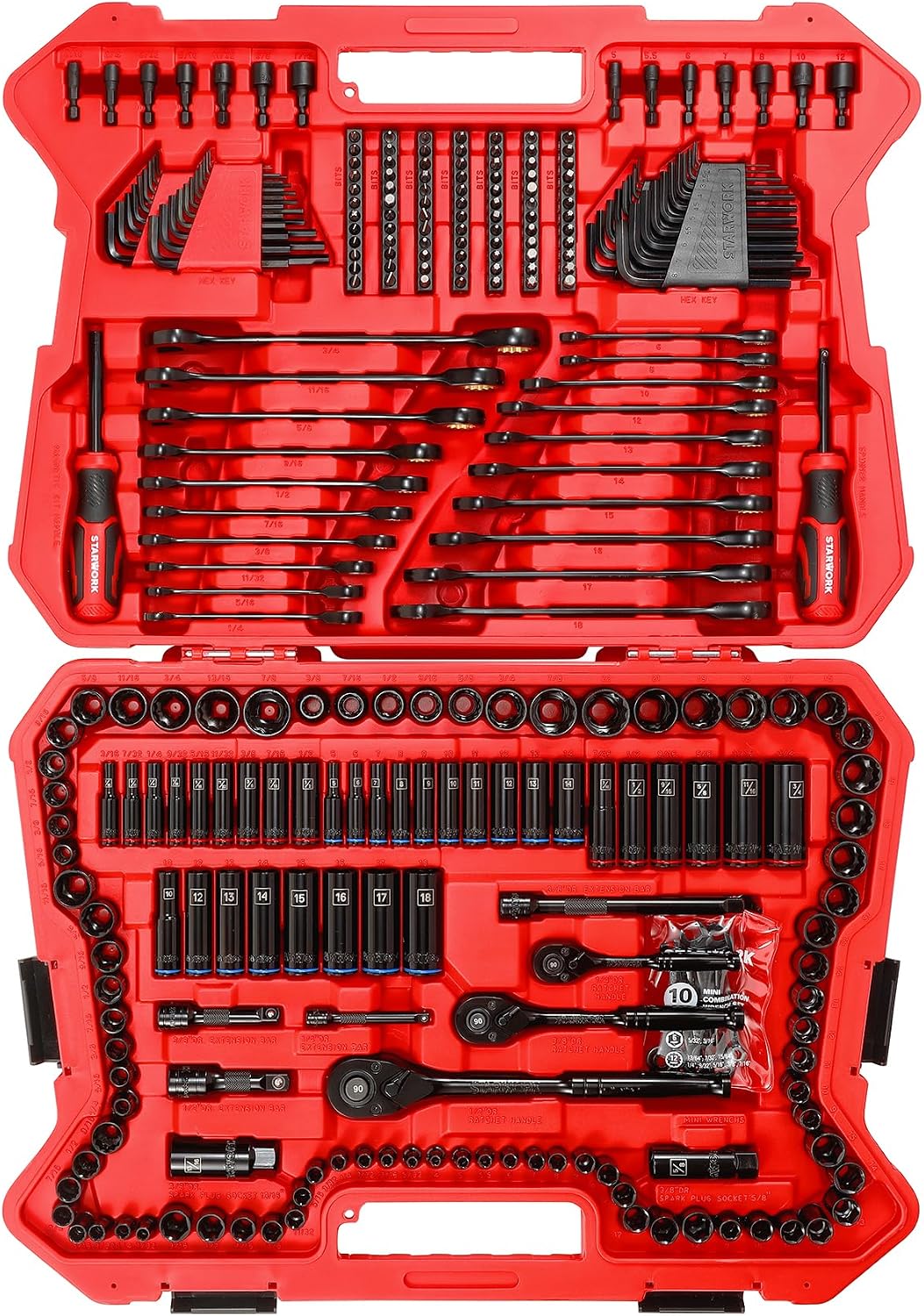 STARWORK TRUE MECHANIC 303-Piece Mechanics Tool Set, 120-Tooth Ratcheting Wrench Set, 1/4', 3/8', 1/2' Drive, Professional, SAE/Metric