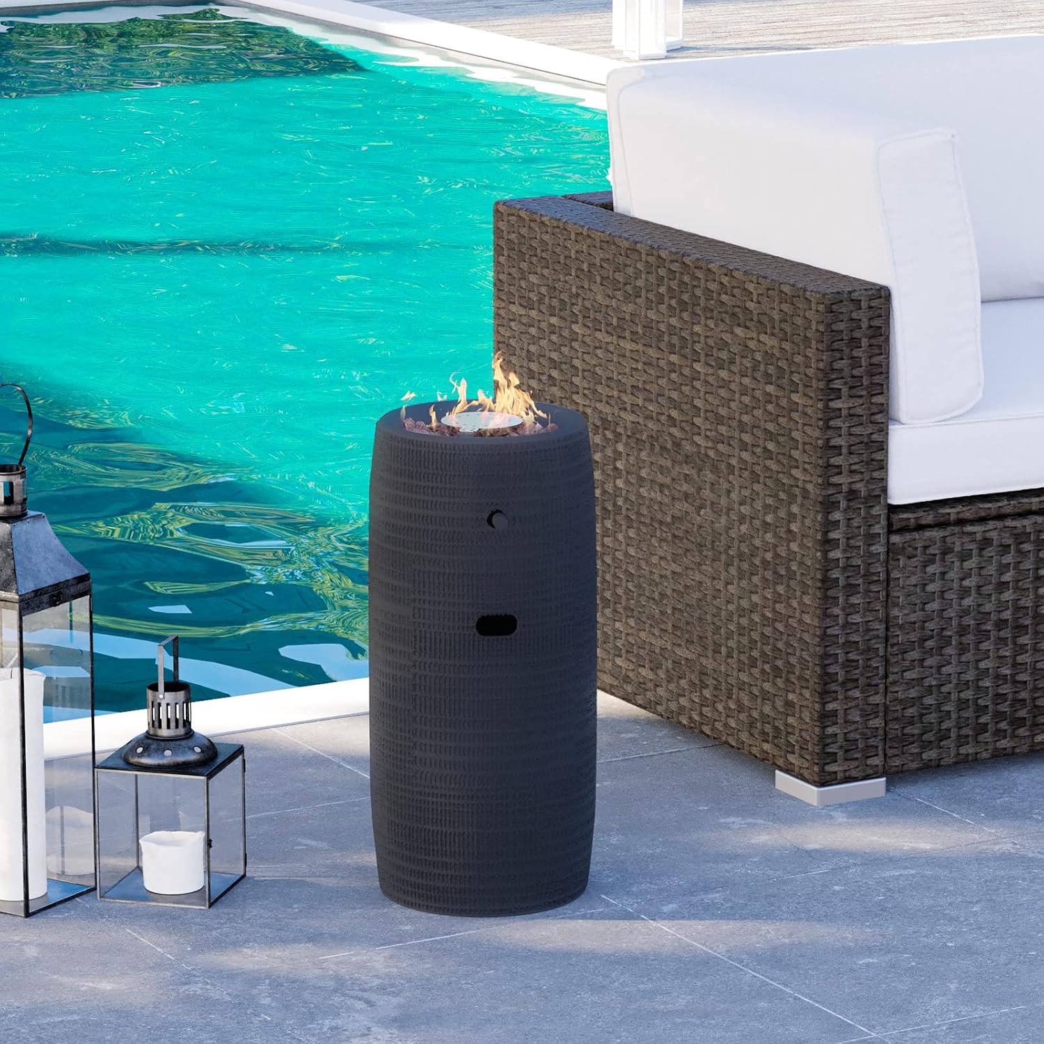 HOMPUS Propane Fire Pit Patio, Portable Concrete Gas Fire Pit for Outdoor Leisure Party, 15,000 BTU 11-inch Round Column Small with Lava Rocks and Rain Cover for Deck or Backyard, CSA Certified, Grey