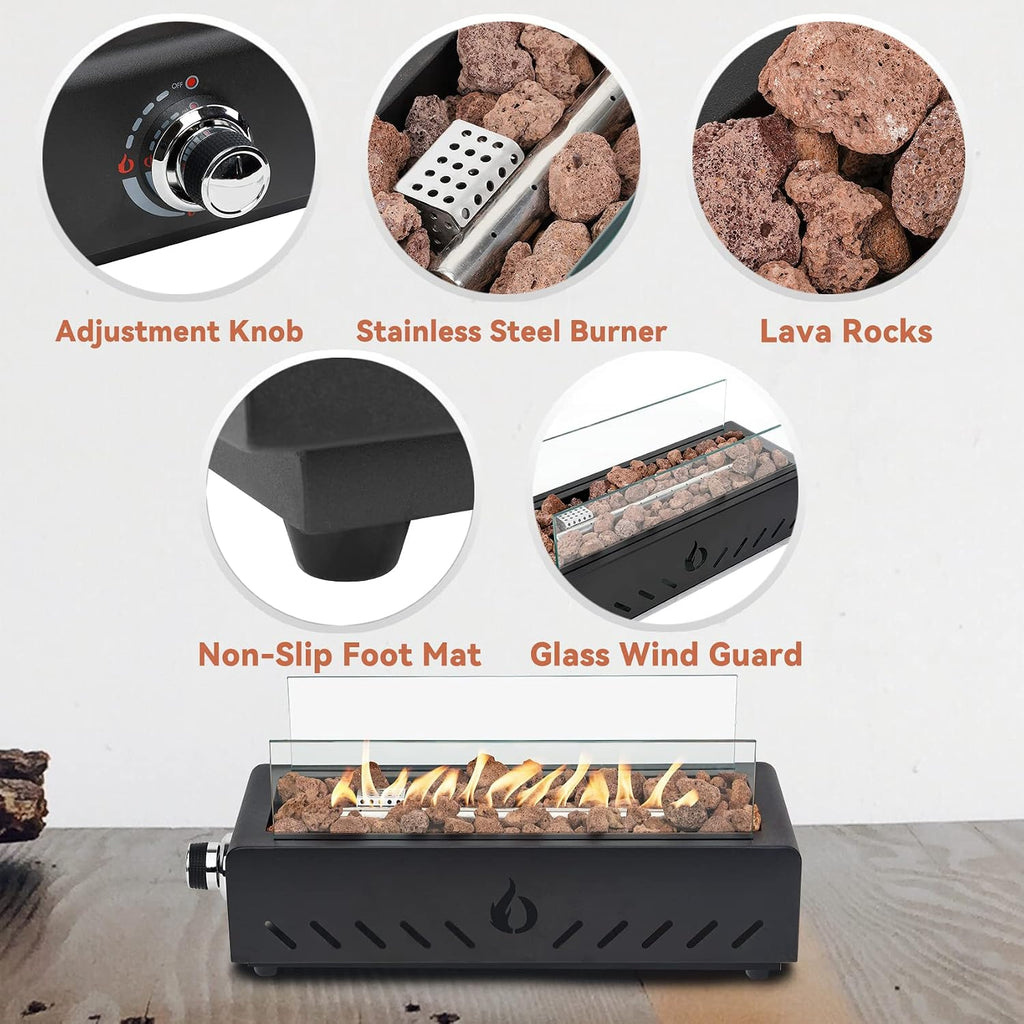 18' Tabletop Propane Gas Fire Pit Bottom-mounted for Table with Umbrella Hole, Portable Smokeless Firepit with Glass Wind Guard for Patio Backyard Camping RV Tailgating, #FP027