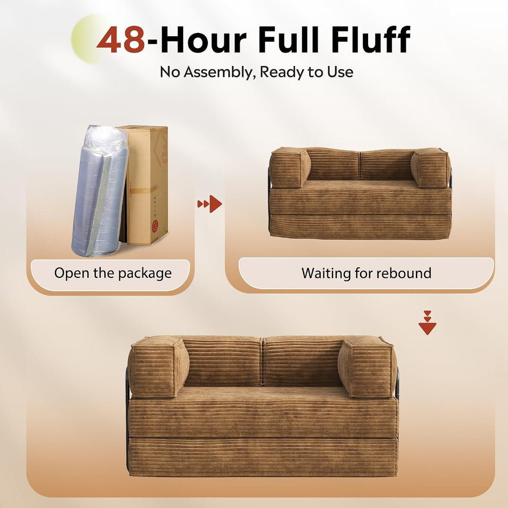 WLIVE 60'' Futon Sofa Bed, Convertible Sleeper Sofa, Folding Pull Out Couch Boneless Mattress with Fixed Frame, Corduroy, Brown