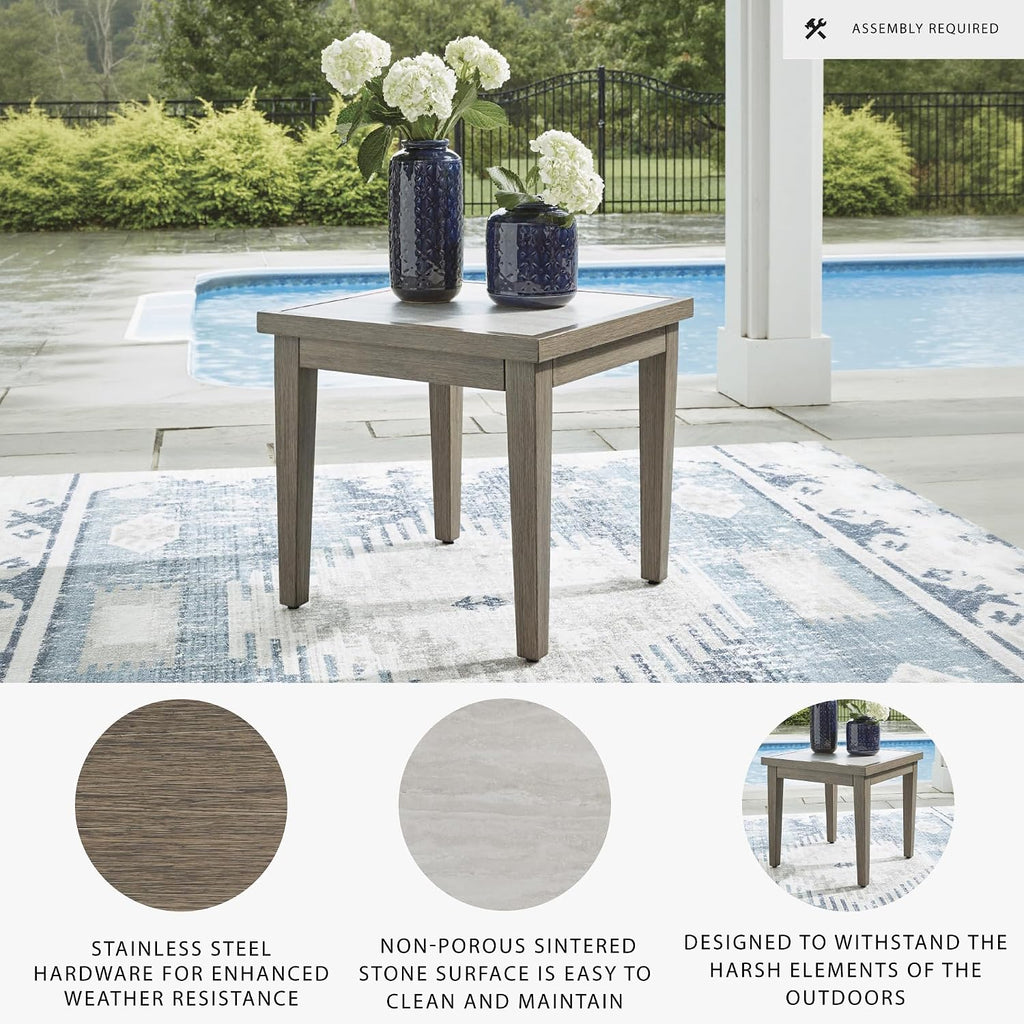 Signature Design by Ashley Rainier Ranch Contemporary Sintered Stone Tabletop Outdoor End Table with 4 Legs, Light Brown & Beige