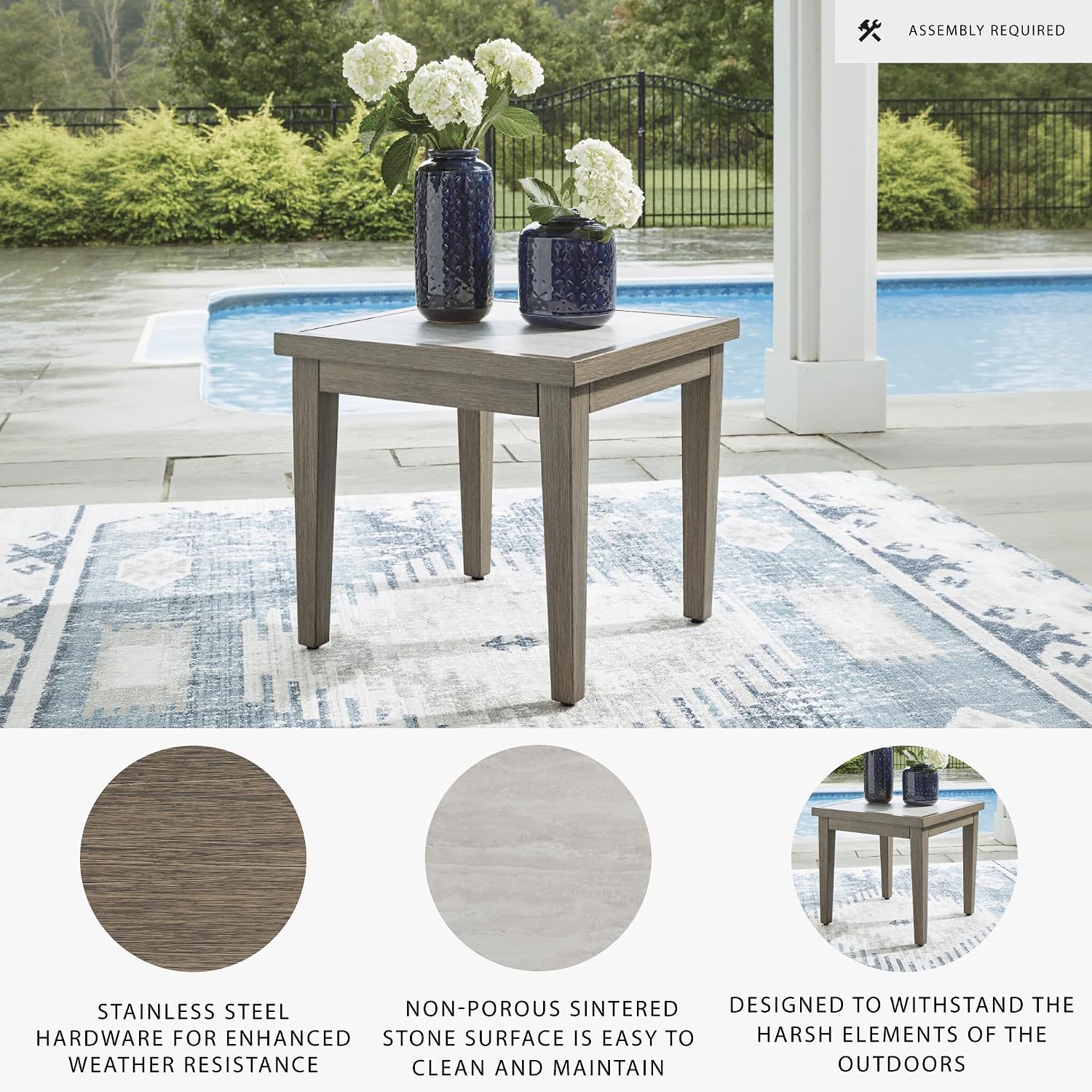 Signature Design by Ashley Rainier Ranch Contemporary Sintered Stone Tabletop Outdoor End Table with 4 Legs, Light Brown & Beige