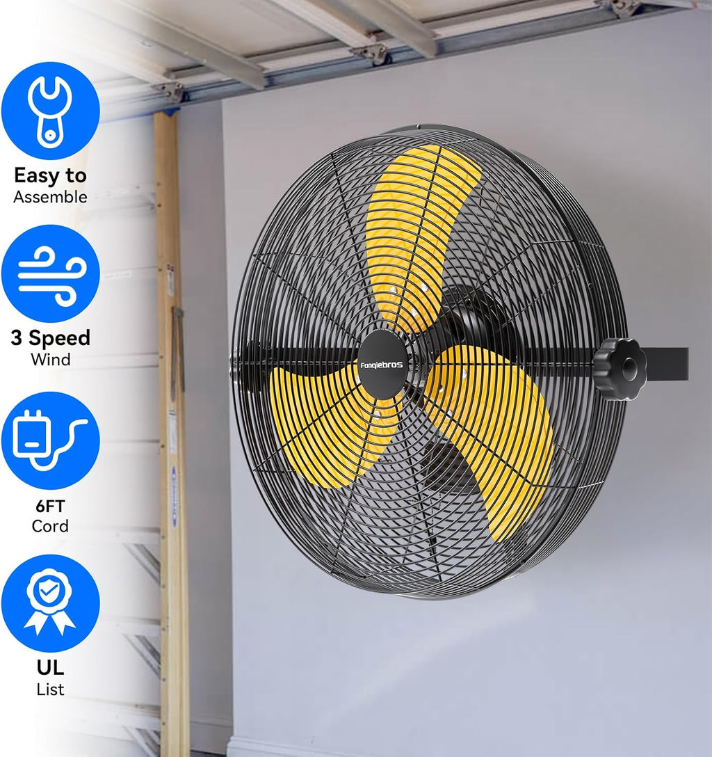 18 Inch High Velocity Wall Mounted Fan, 4580 CFM 3-Speed Metal Wall Fan with Sealed Motor, 180° Tilting Heavy Duty Industrial Fan for Patio, Garage, Barn & Gazebo, UL Listed