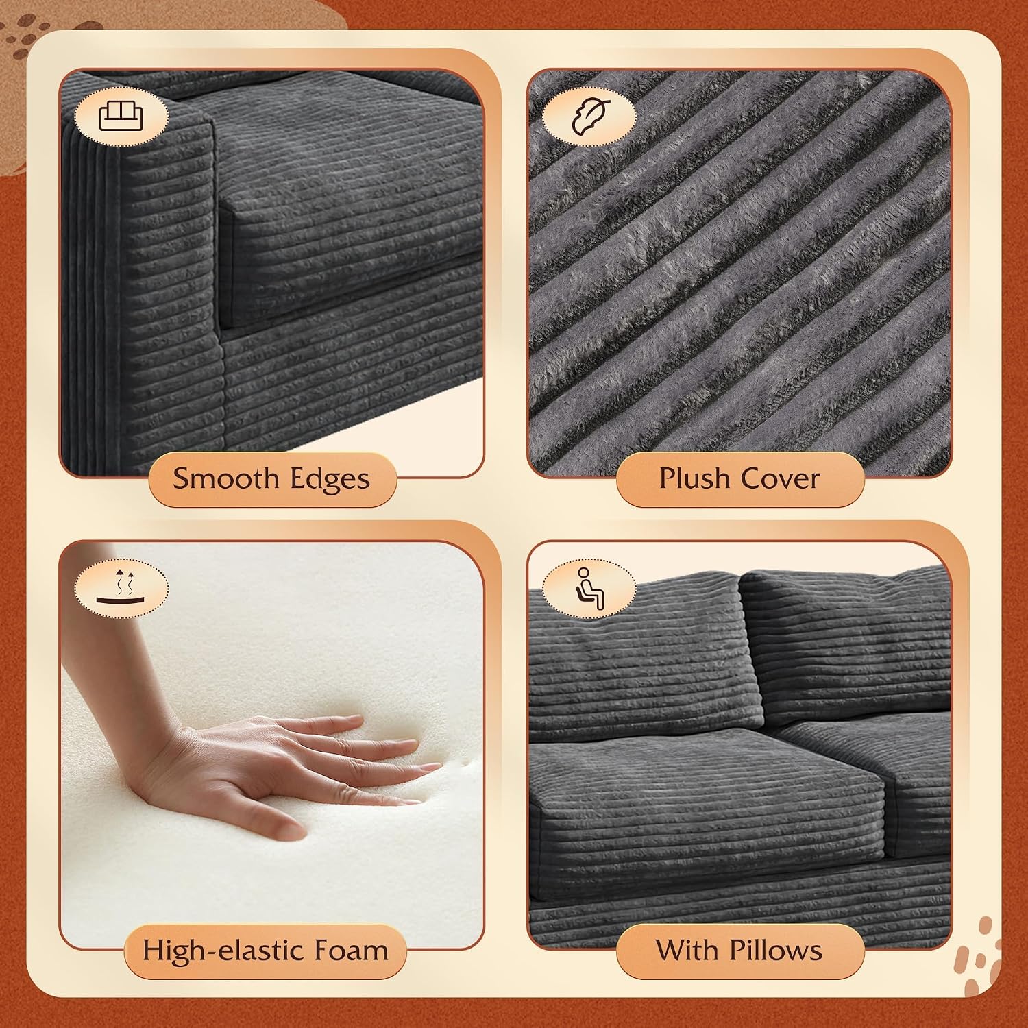 WLIVE 82'' Boneless Loveseat, Couches for Living Room, Bean Bag Couch for Adults, with Pillows, Giant Floor Couch, Plush Sofa, Grey, Loveseat
