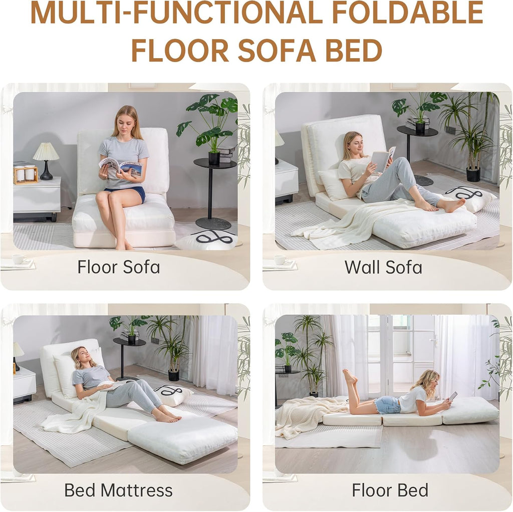 Cvortll 4-in-1 Folding Sofa Bed, Memory Foam Bean Bag Chair, Large Convertible Couch for Adults, Bedroom, Living Room, Apartment (Beige-Small)